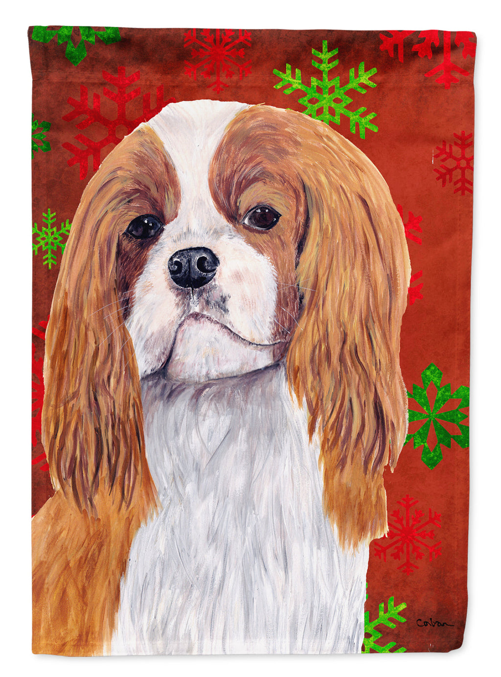 Cavalier Spaniel Red and Green Snowflakes Holiday Christmas House Flag 28x40 Porch Sleeve Pole Decorative Outside Yard Banner Artwork Wall Hanging, Polyester