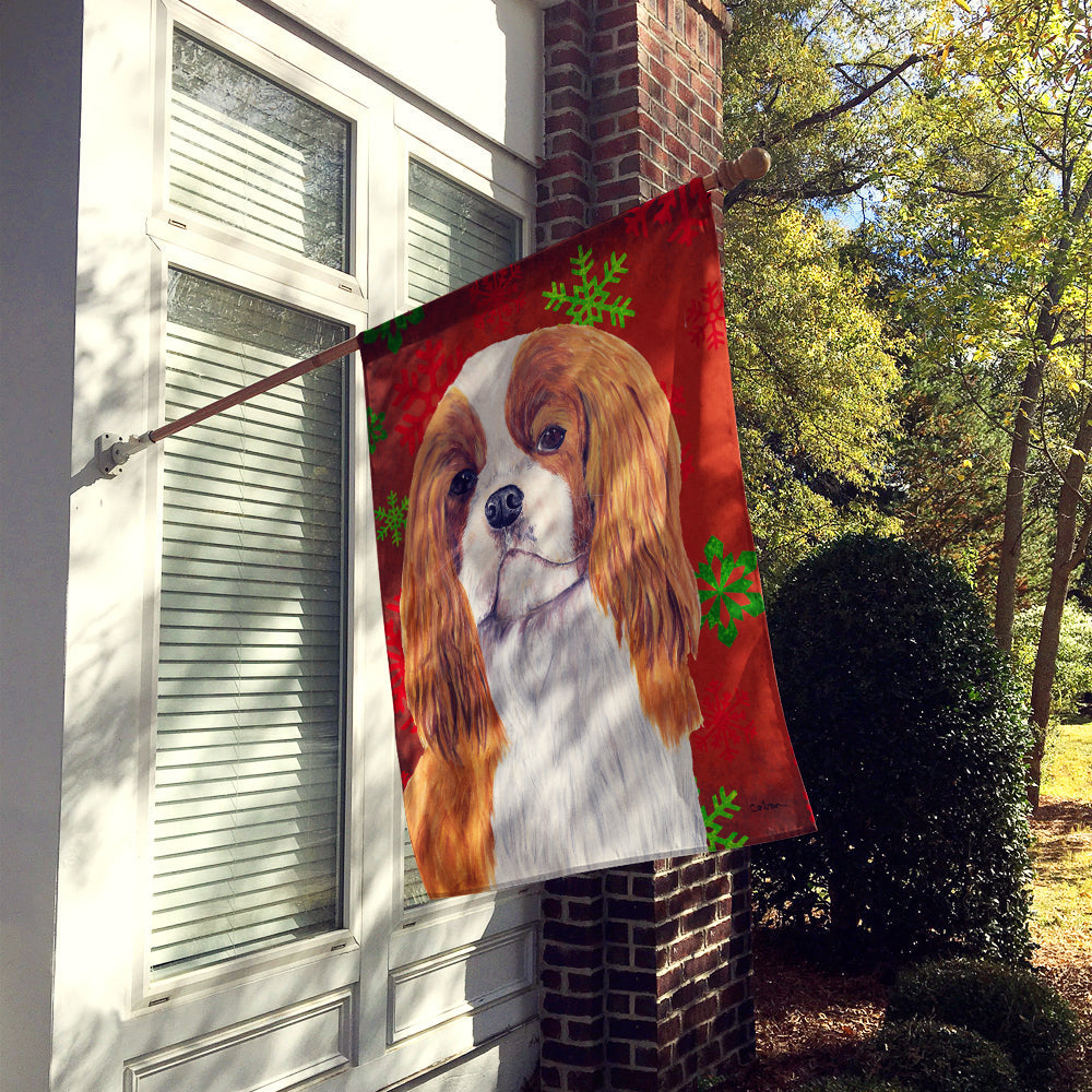 Cavalier Spaniel Red and Green Snowflakes Holiday Christmas House Flag 28x40 Porch Sleeve Pole Decorative Outside Yard Banner Artwork Wall Hanging, Polyester