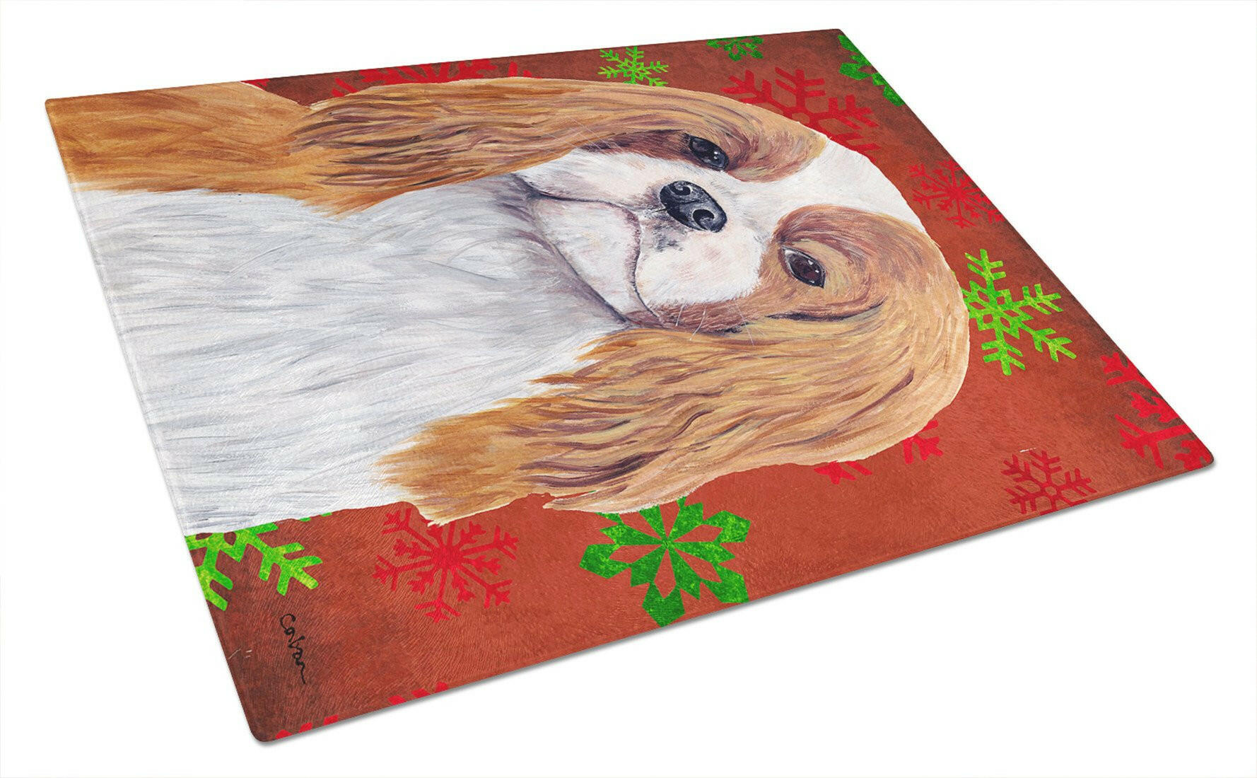 Cavalier Spaniel Red and Green Snowflakes Holiday Christmas Cutting Board Tempered Glass Kitchen Cutting Surface, Heat Resistant Chopping, Non-Slip Feet, Food Prep & Serving
