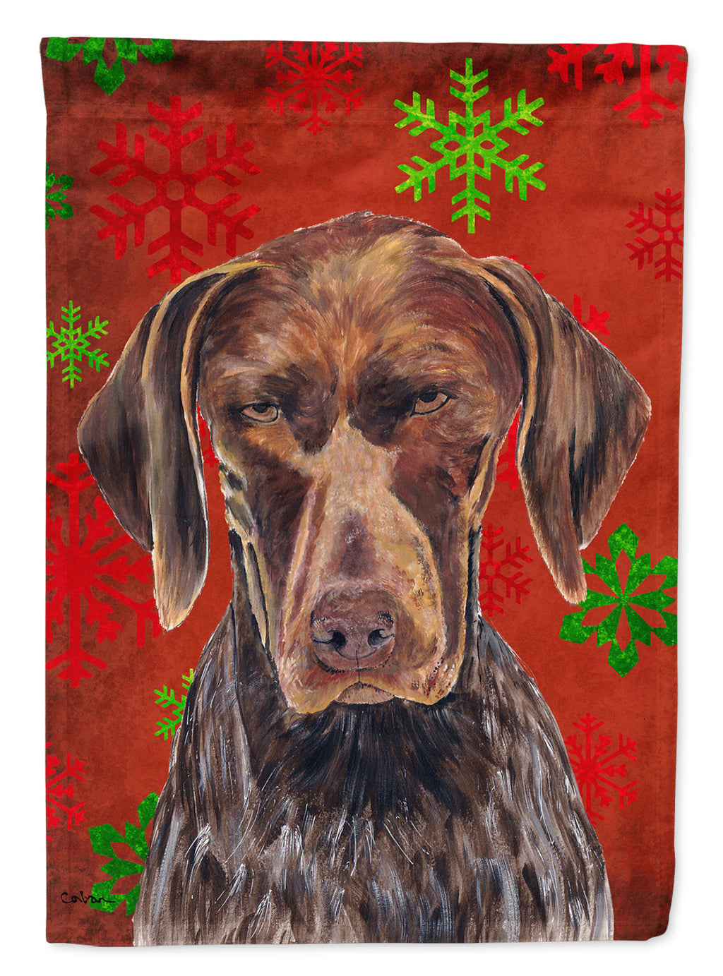 German Shorthaired Pointer Red  Snowflakes Holiday Christmas House Flag 28x40 Porch Sleeve Pole Decorative Outside Yard Banner Artwork Wall Hanging, Polyester
