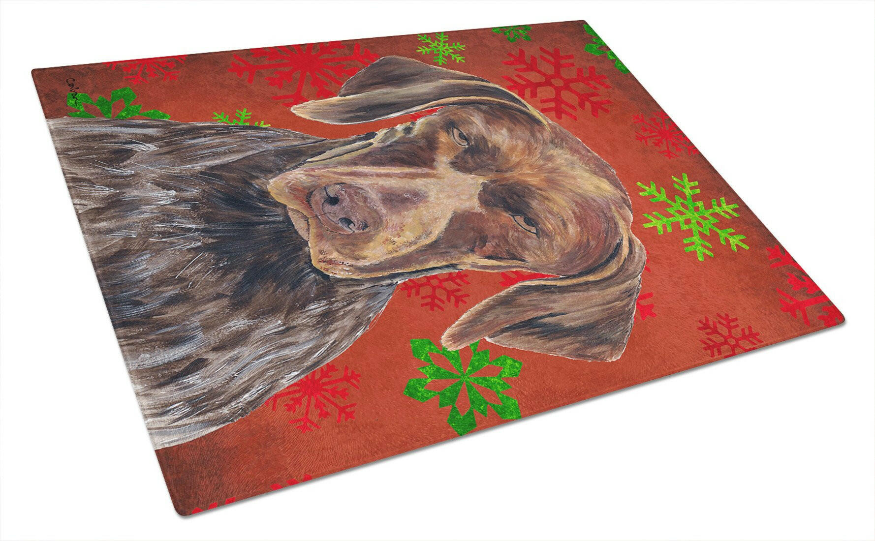 German Shorthaired Pointer Red  Snowflakes Holiday Christmas Cutting Board Tempered Glass Kitchen Cutting Surface, Heat Resistant Chopping, Non-Slip Feet, Food Prep & Serving