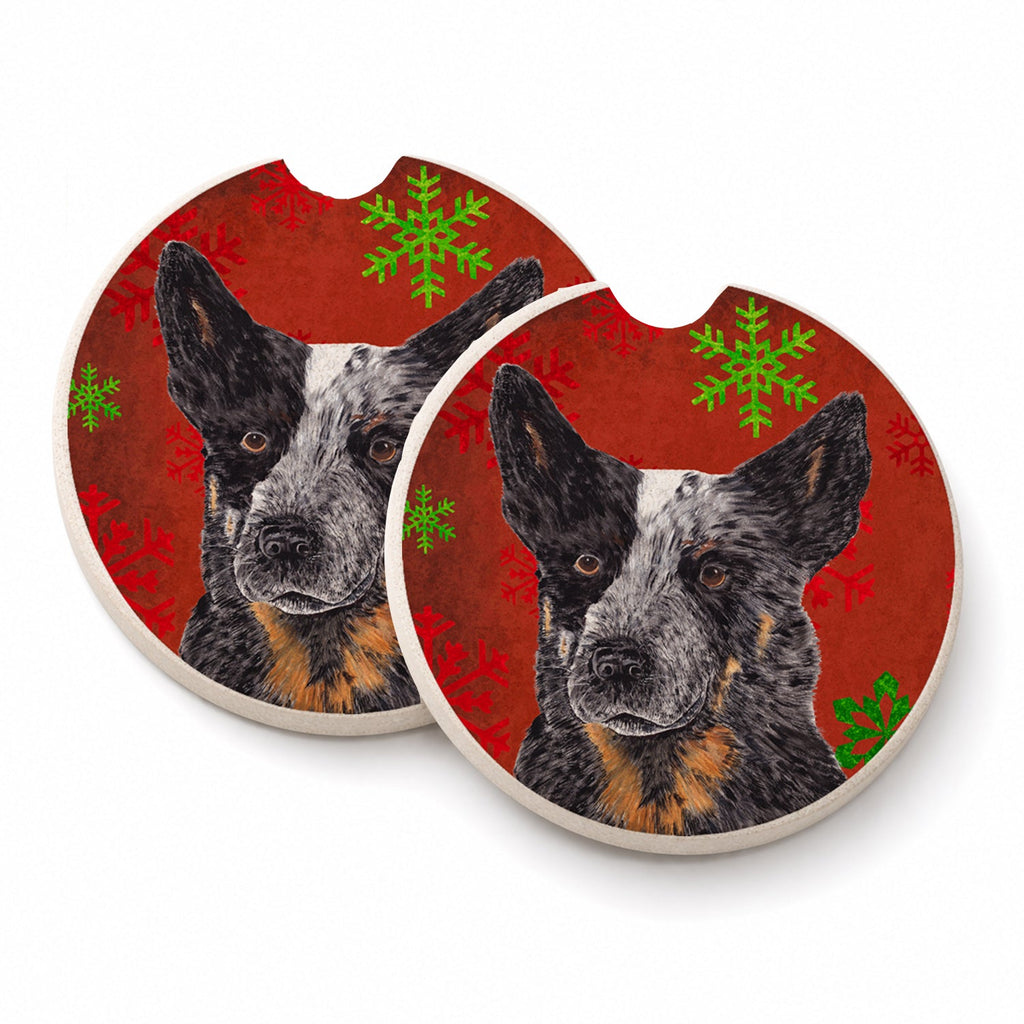 Australian Cattle Dog Red Green Snowflakes Christmas Set of 2 Cup Holder Car Coasters Absorbent Round Sandstone Coasters Gifts for Men or Women, 2.5, Multicolor