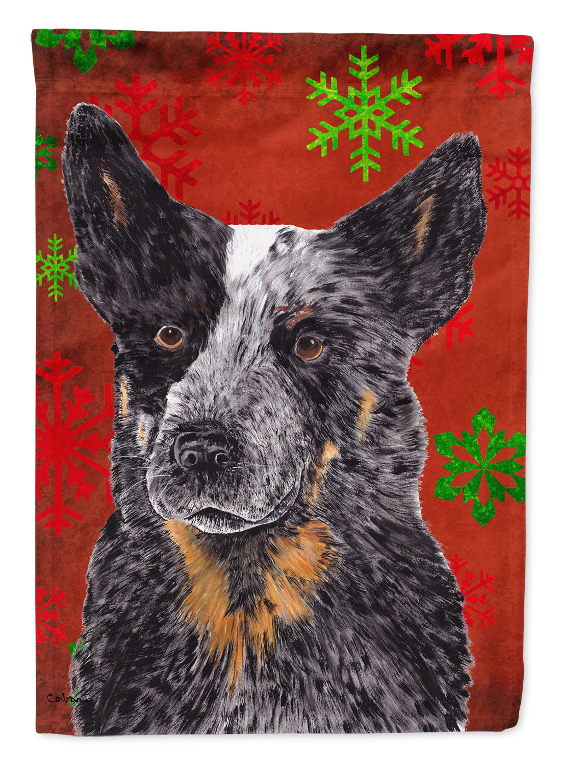 Australian Cattle Dog Red Green Snowflakes Christmas House Flag 28x40 Porch Sleeve Pole Decorative Outside Yard Banner Artwork Wall Hanging, Polyester