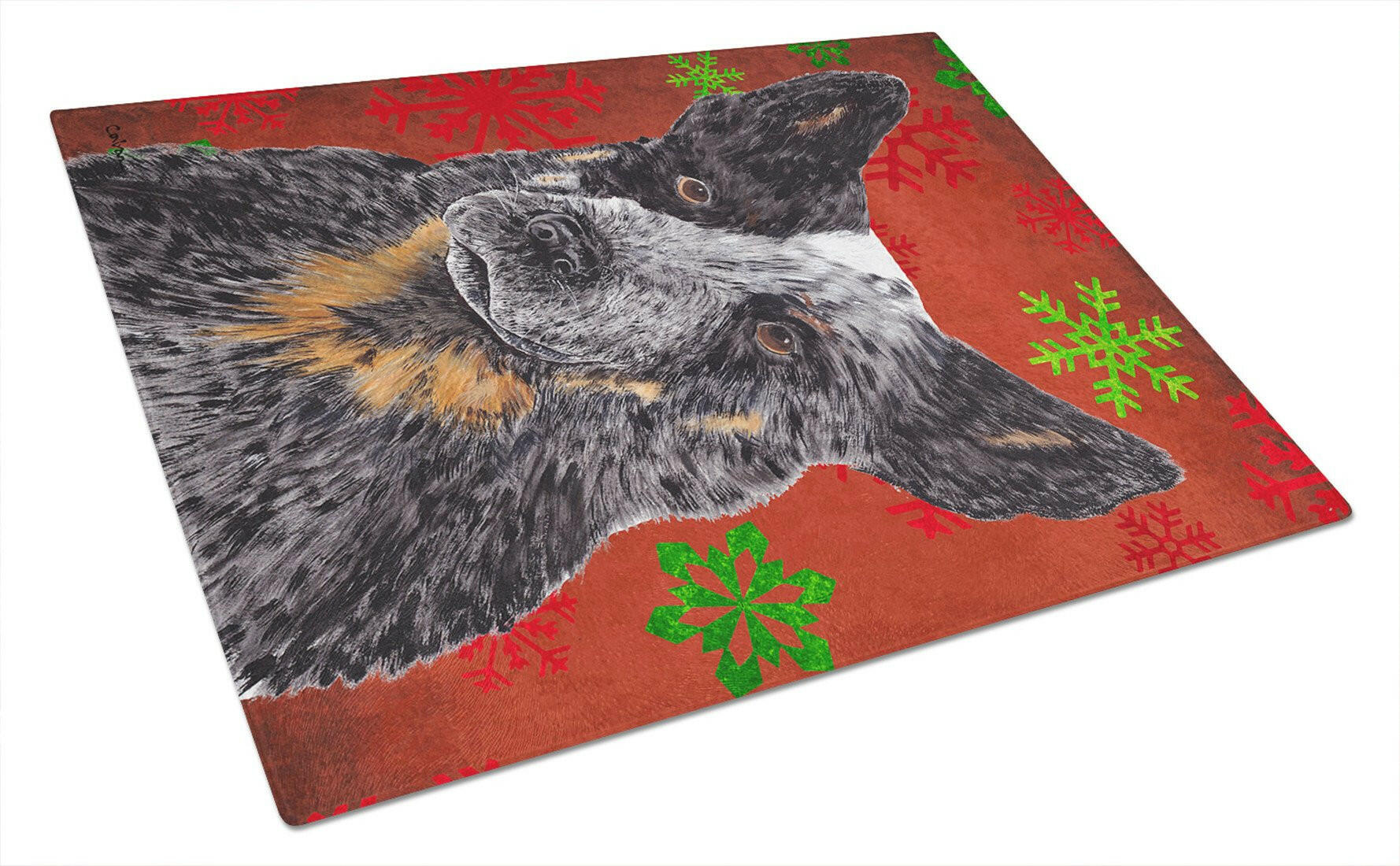 Australian Cattle Dog Red Green Snowflakes Christmas Cutting Board Tempered Glass Kitchen Cutting Surface, Heat Resistant Chopping, Non-Slip Feet, Food Prep & Serving