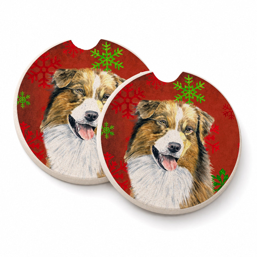 Australian Shepherd Red Green Snowflakes Christmas Set of 2 Cup Holder Car Coasters Absorbent Round Sandstone Coasters Gifts for Men or Women, 2.5, Multicolor