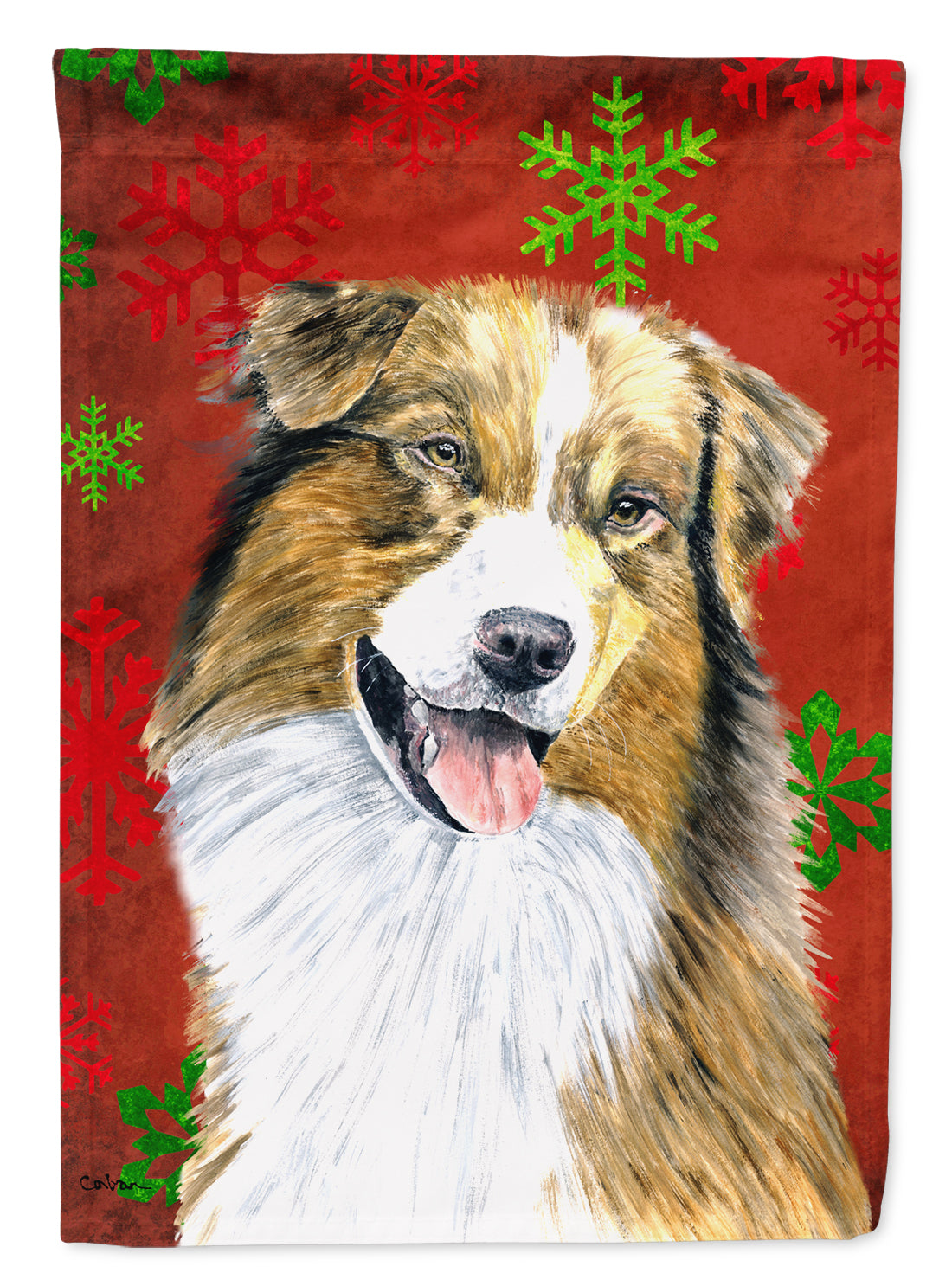 Australian Shepherd Red Green Snowflakes Christmas House Flag 28x40 Porch Sleeve Pole Decorative Outside Yard Banner Artwork Wall Hanging, Polyester