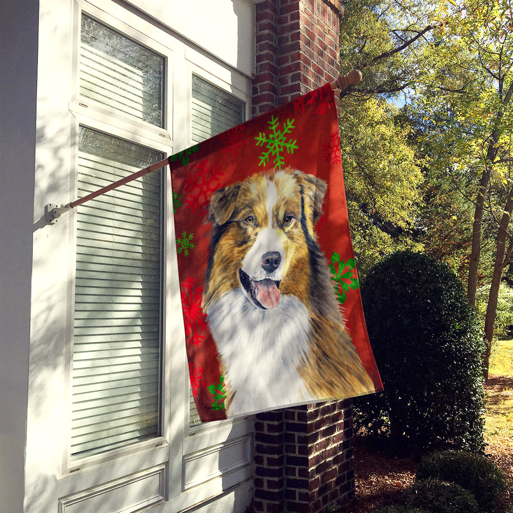 Australian Shepherd Red Green Snowflakes Christmas House Flag 28x40 Porch Sleeve Pole Decorative Outside Yard Banner Artwork Wall Hanging, Polyester