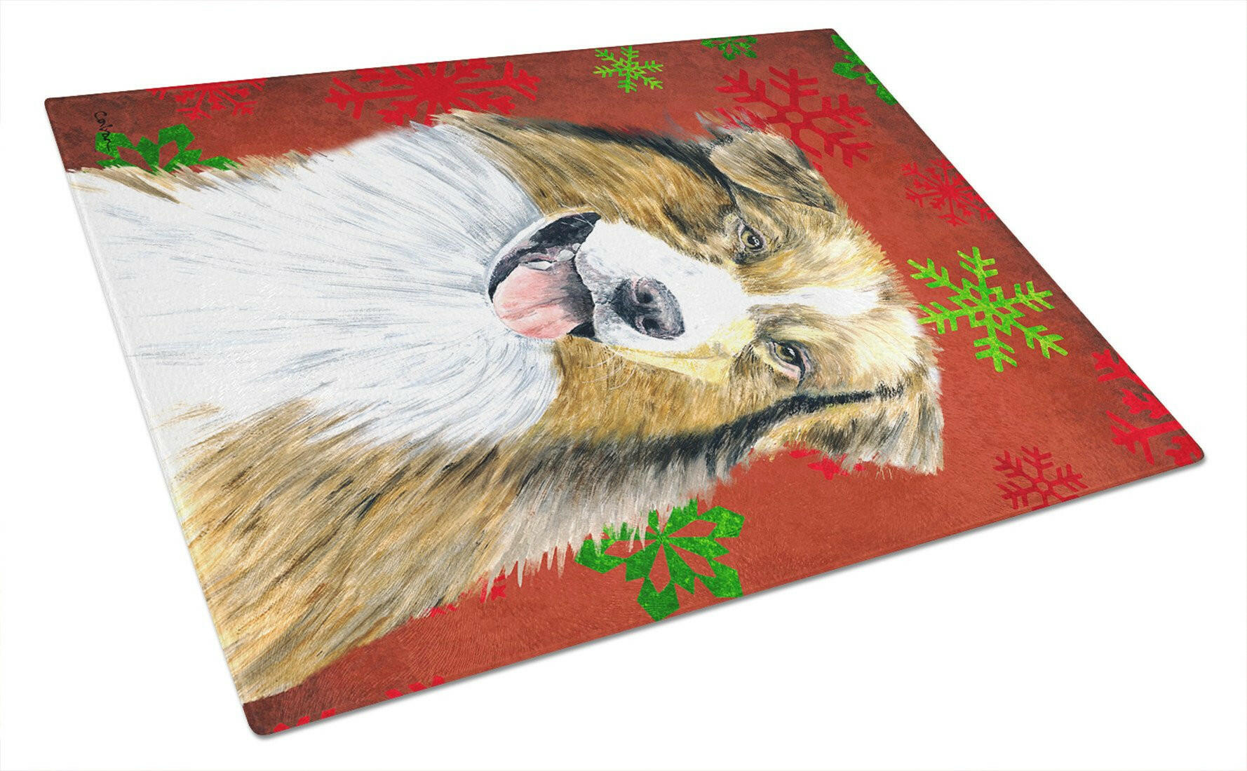 Australian Shepherd Red Green Snowflakes Christmas Cutting Board Tempered Glass Kitchen Cutting Surface, Heat Resistant Chopping, Non-Slip Feet, Food Prep & Serving