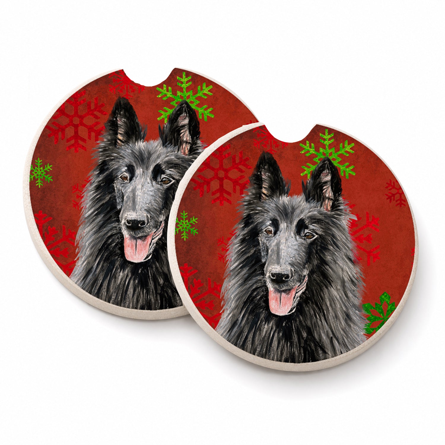 Belgian Sheepdog Red and Green Snowflakes Holiday Christmas Set of 2 Cup Holder Car Coasters Absorbent Round Sandstone Coasters Gifts for Men or Women, 2.5, Multicolor