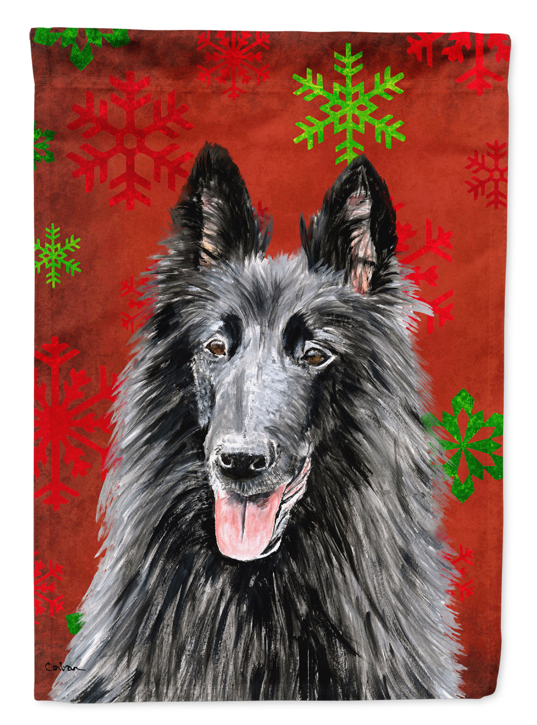 Belgian Sheepdog Red and Green Snowflakes Holiday Christmas House Flag 28x40 Porch Sleeve Pole Decorative Outside Yard Banner Artwork Wall Hanging, Polyester
