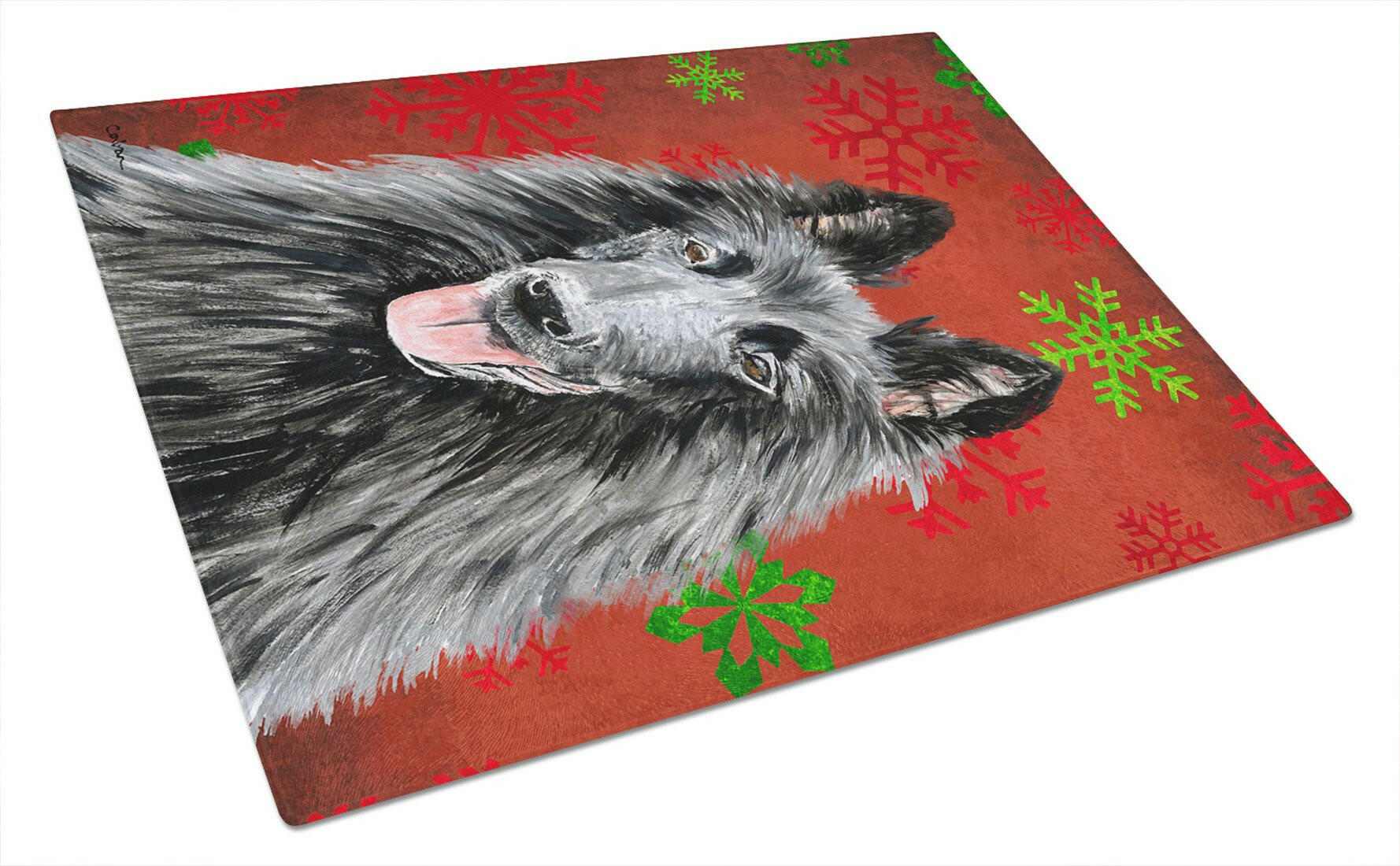 Belgian Sheepdog Red and Green Snowflakes Holiday Christmas Cutting Board Tempered Glass Kitchen Cutting Surface, Heat Resistant Chopping, Non-Slip Feet, Food Prep & Serving