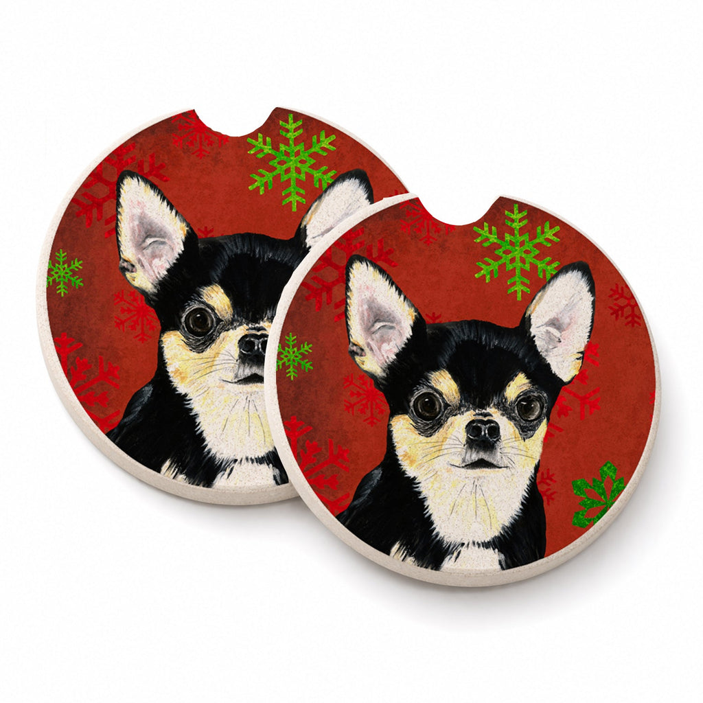 Chihuahua Red and Green Snowflakes Holiday Christmas Set of 2 Cup Holder Car Coasters Absorbent Round Sandstone Coasters Gifts for Men or Women, 2.5, Multicolor