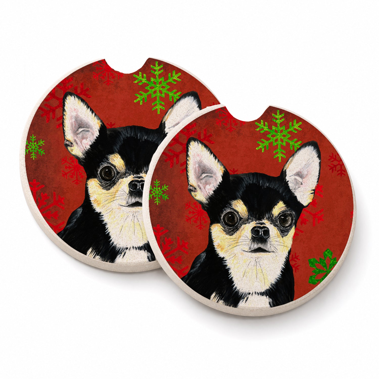 Chihuahua Red and Green Snowflakes Holiday Christmas Set of 2 Cup Holder Car Coasters Absorbent Round Sandstone Coasters Gifts for Men or Women, 2.5, Multicolor