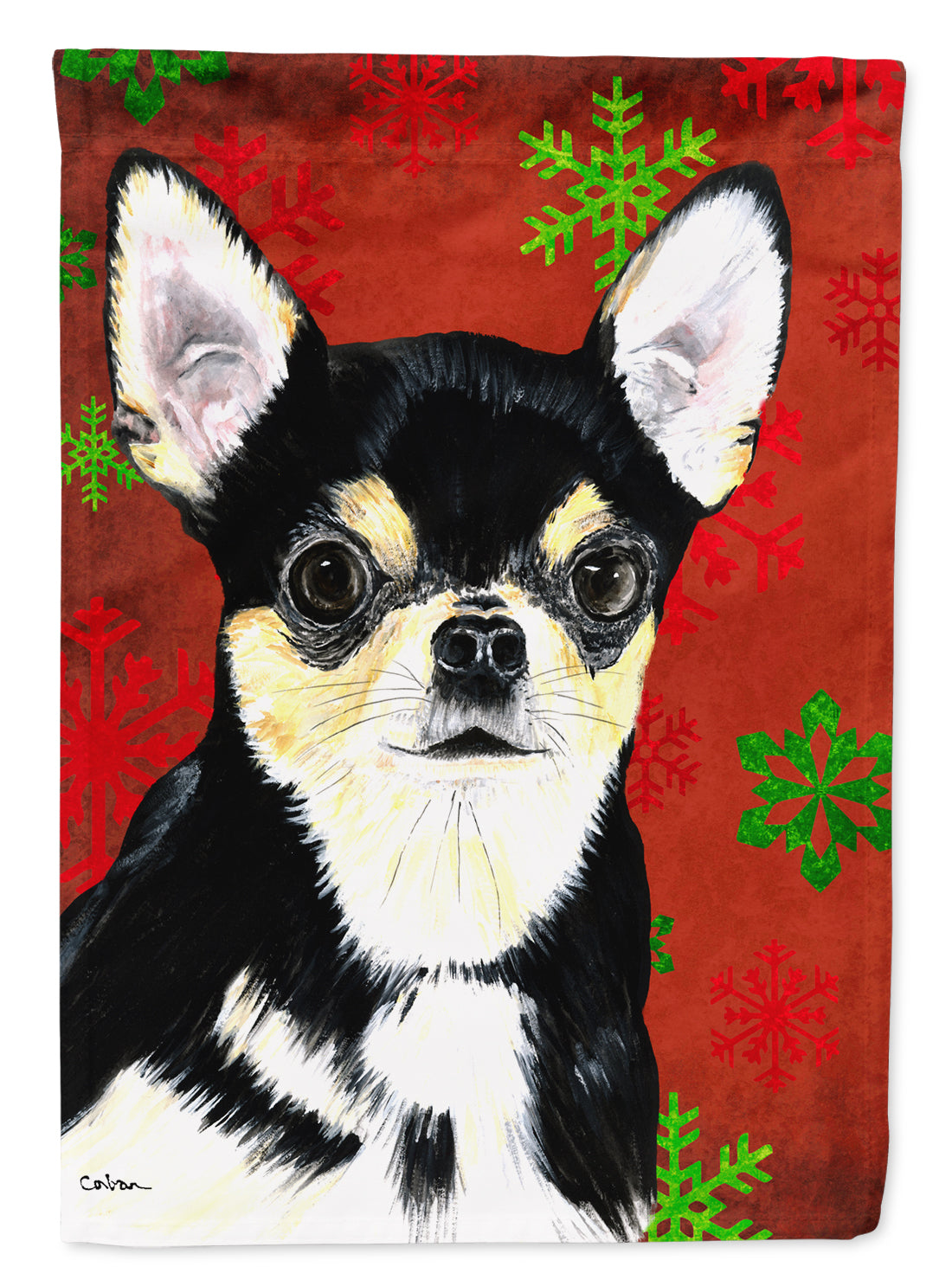 Chihuahua Red and Green Snowflakes Holiday Christmas House Flag 28x40 Porch Sleeve Pole Decorative Outside Yard Banner Artwork Wall Hanging, Polyester
