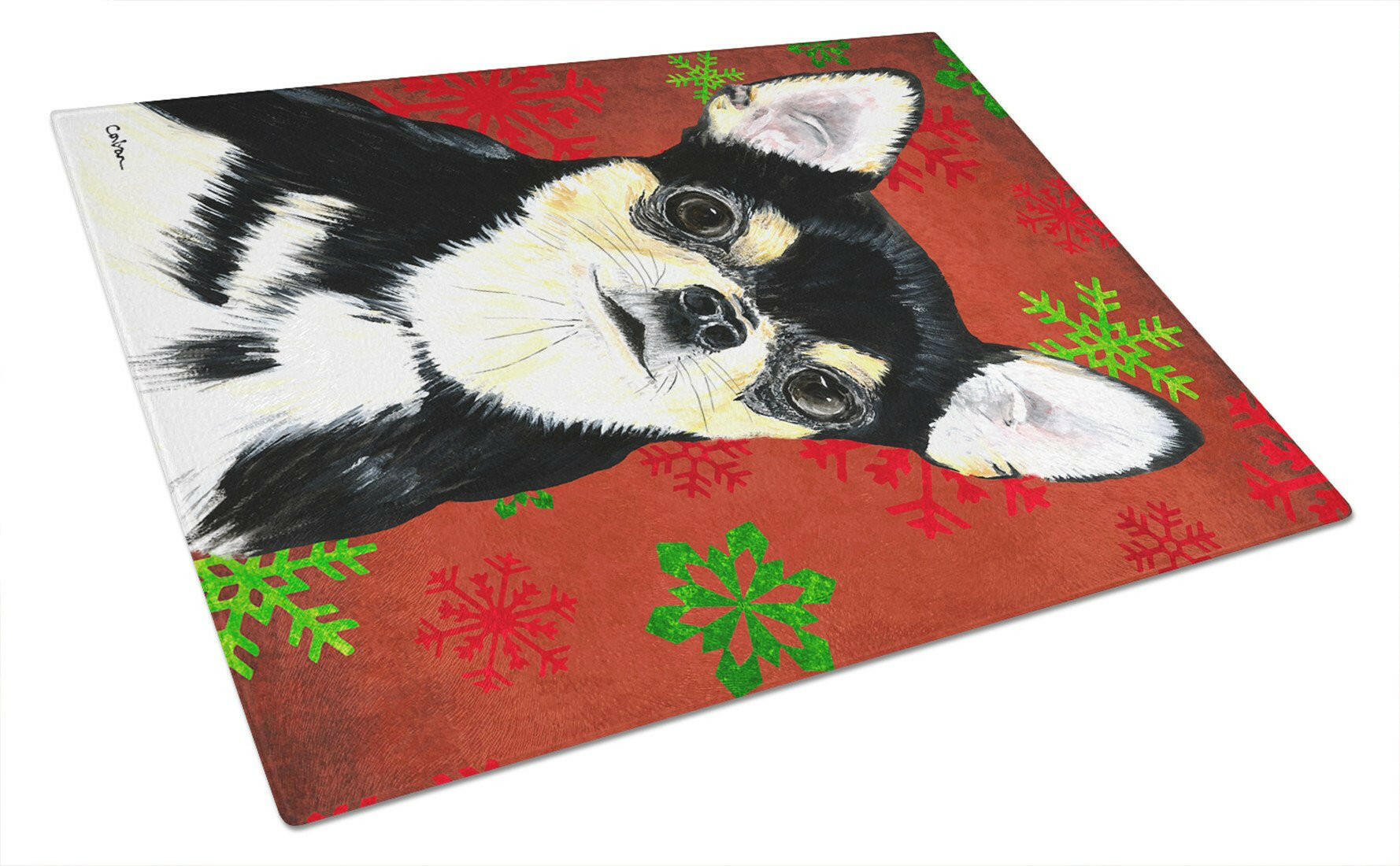 Chihuahua Red and Green Snowflakes Holiday Christmas Cutting Board Tempered Glass Kitchen Cutting Surface, Heat Resistant Chopping, Non-Slip Feet, Food Prep & Serving