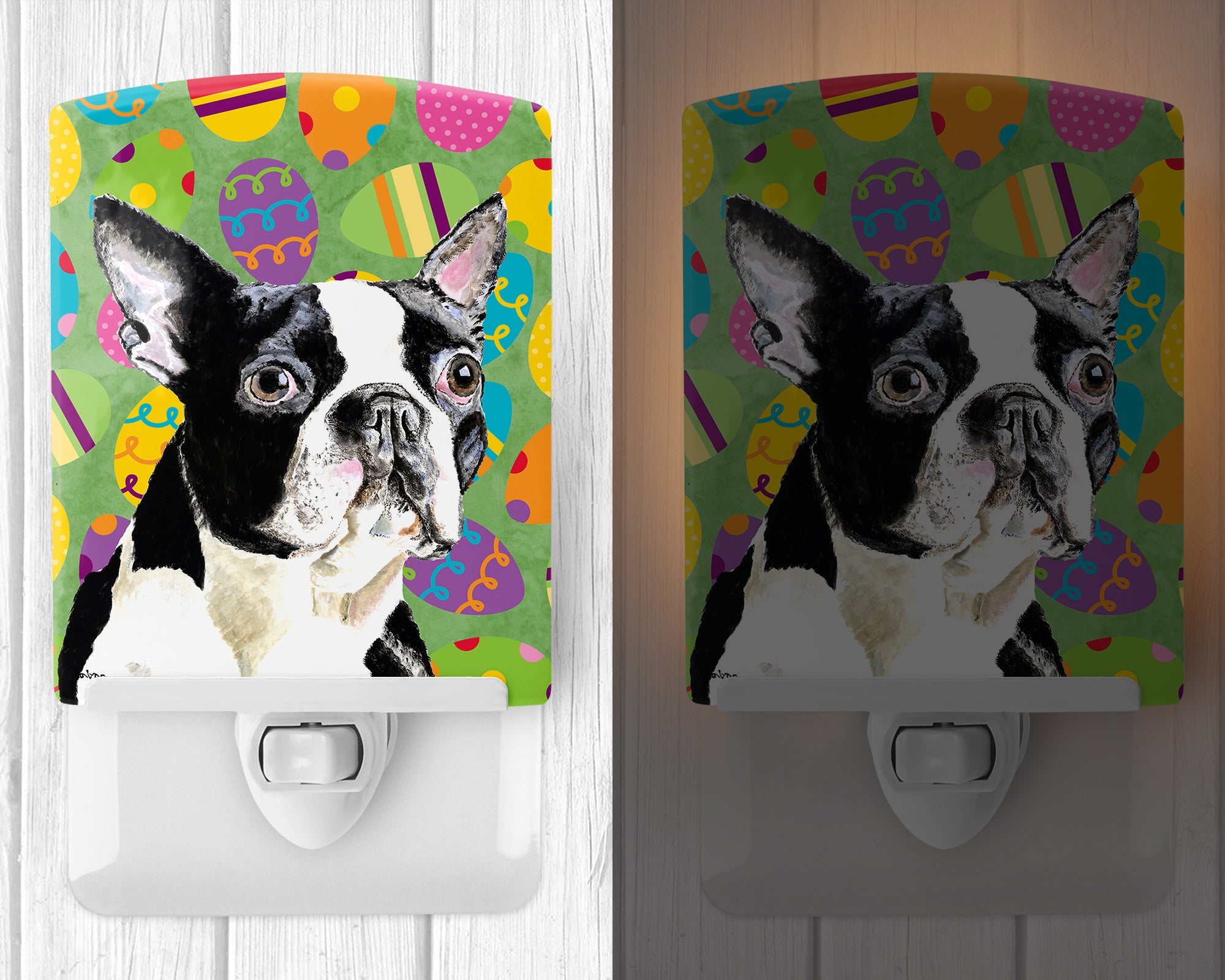 Boston Terrier Easter Eggtravaganza Ceramic Night Light Compact, UL-Certified, Ideal for Bedroom, Bathroom, Nursery, Hallway, Kitchen, 6x4x3, Multicolor