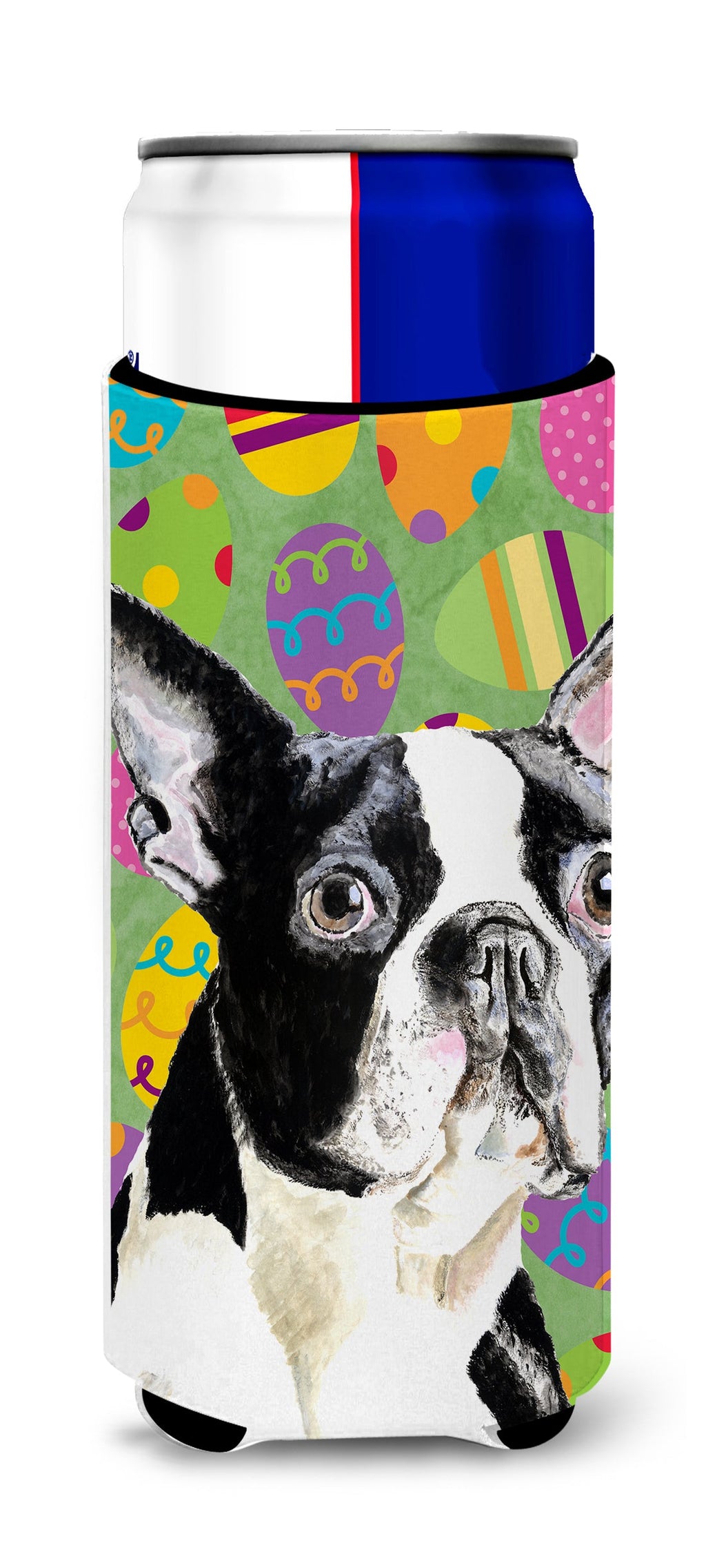 Boston Terrier Easter Eggtravaganza Slim Can Hugger , Insulated Foam Hugger for 12 oz Slim Cans, Beer Bottles & Water Bottles, Printed in USA