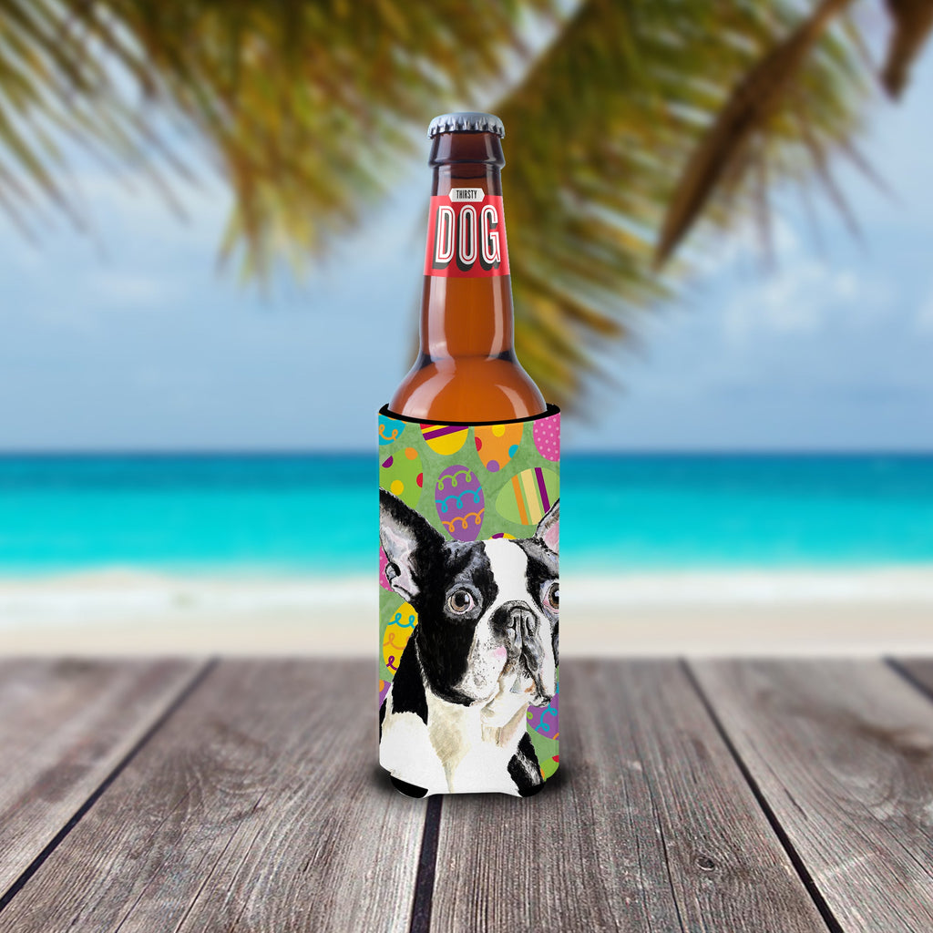 Boston Terrier Easter Eggtravaganza Slim Can Hugger , Insulated Foam Hugger for 12 oz Slim Cans, Beer Bottles & Water Bottles, Printed in USA