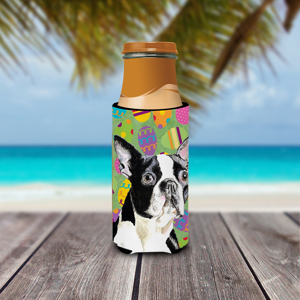 Boston Terrier Easter Eggtravaganza Slim Can Hugger , Insulated Foam Hugger for 12 oz Slim Cans, Beer Bottles & Water Bottles, Printed in USA
