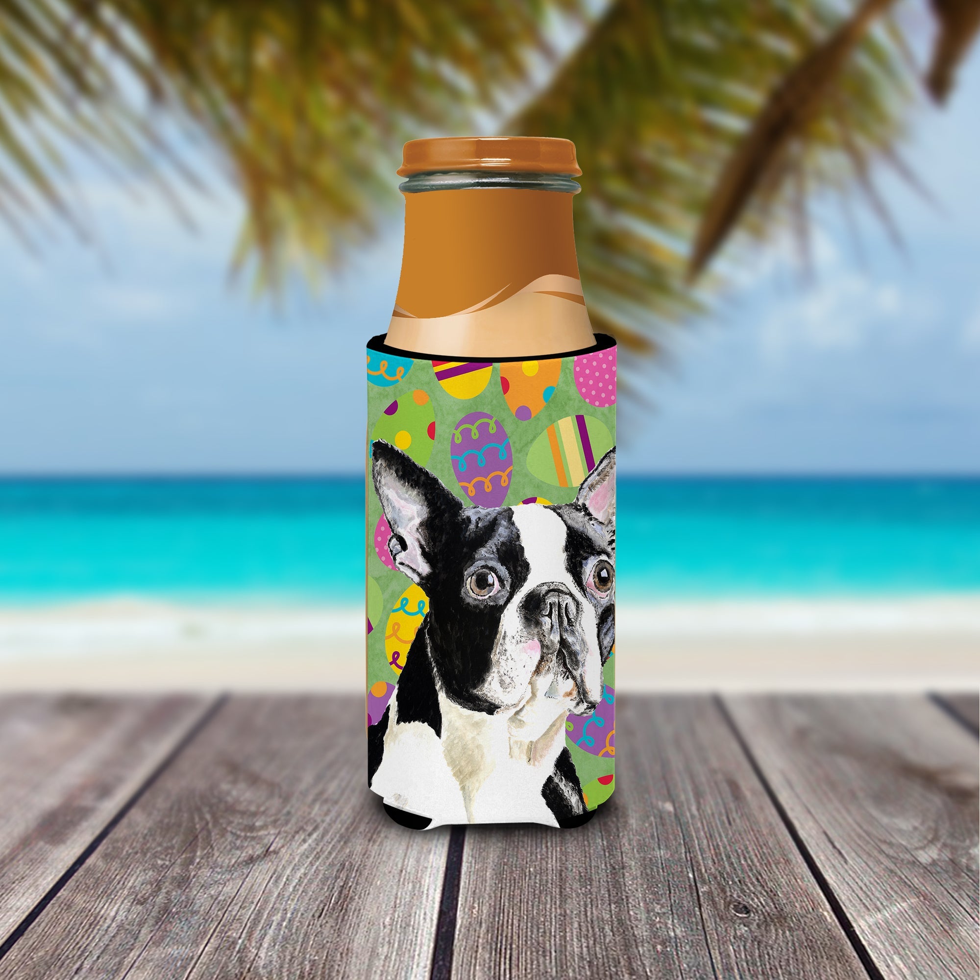 Boston Terrier Easter Eggtravaganza Slim Can Hugger , Insulated Foam Hugger for 12 oz Slim Cans, Beer Bottles & Water Bottles, Printed in USA
