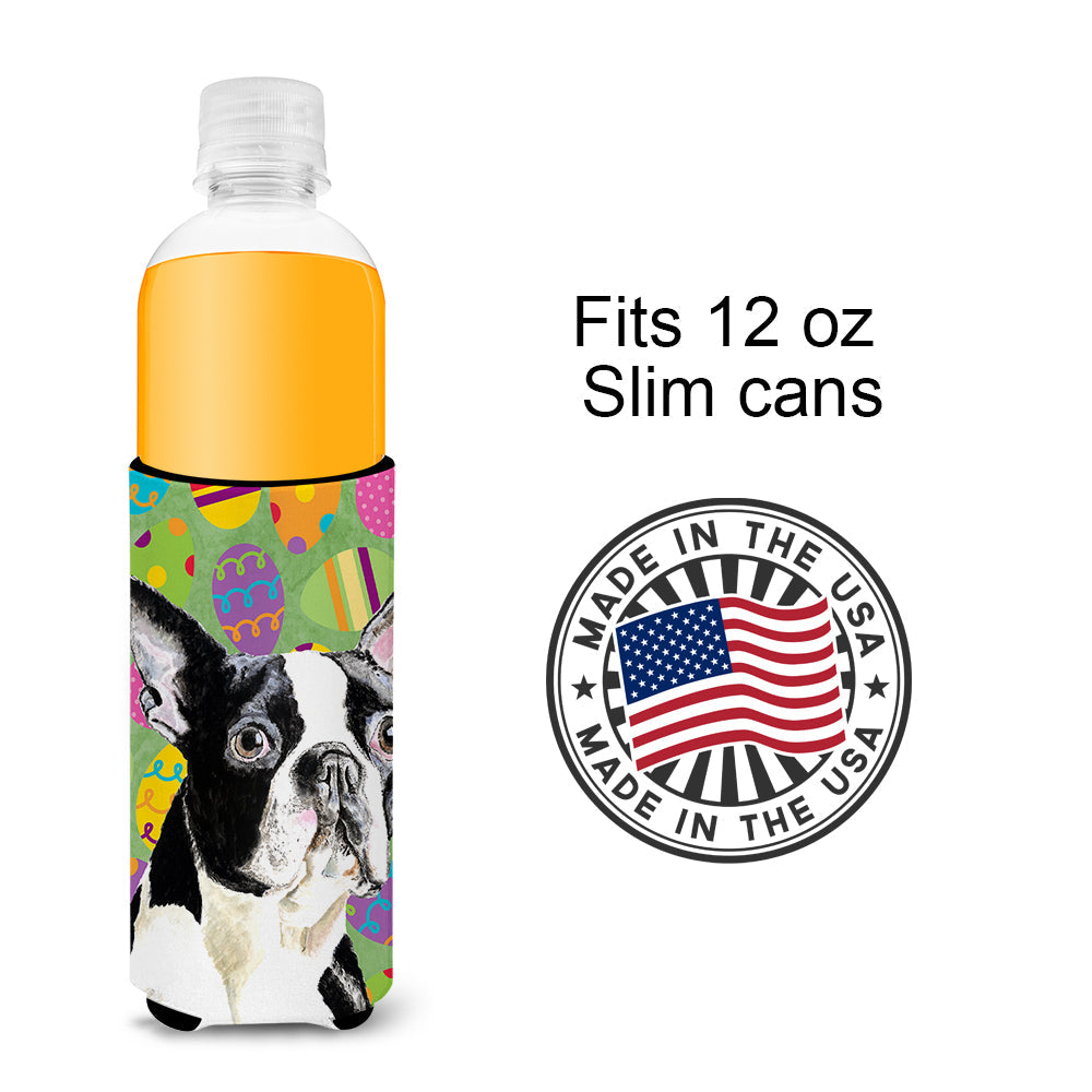 Boston Terrier Easter Eggtravaganza Slim Can Hugger , Insulated Foam Hugger for 12 oz Slim Cans, Beer Bottles & Water Bottles, Printed in USA