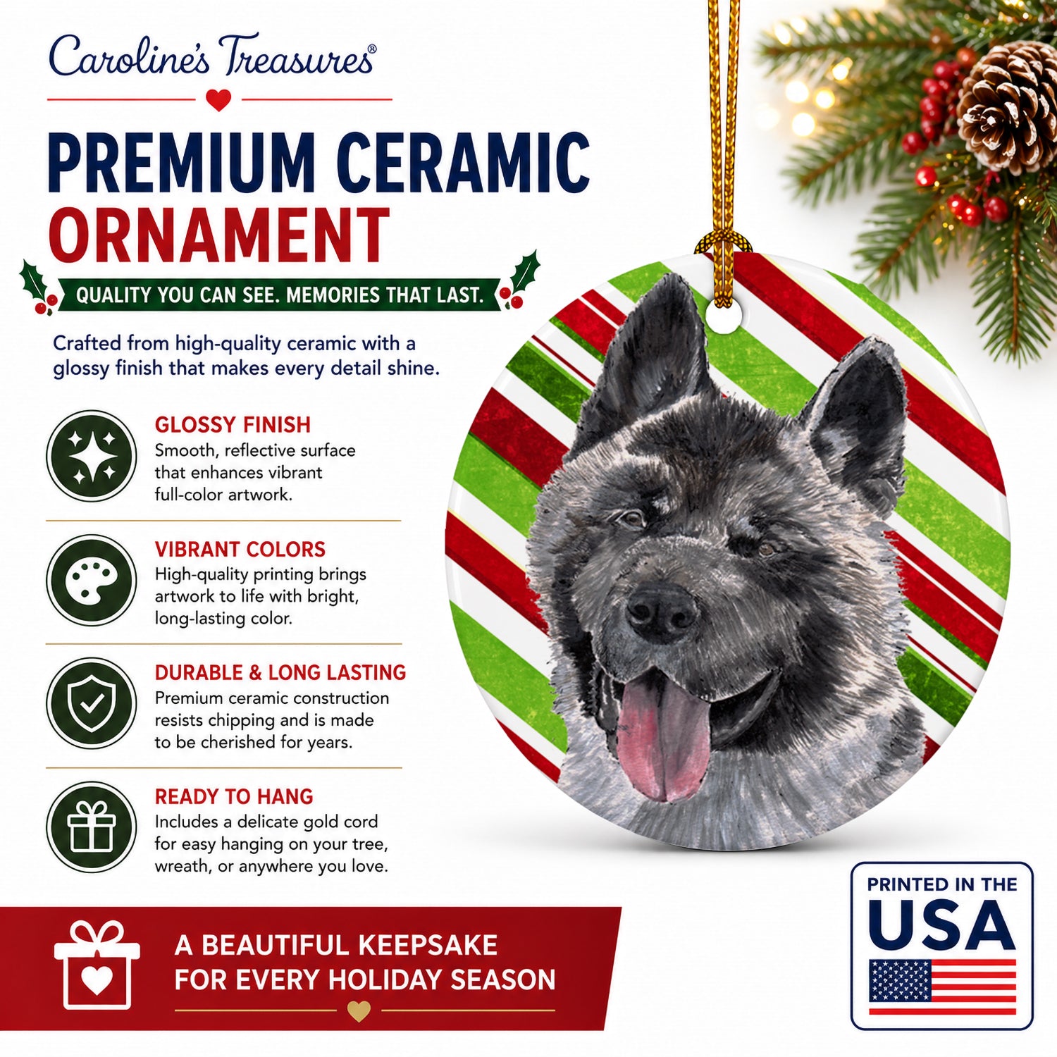 Akita Candy Cane Holiday Christmas Ceramic Ornament Christmas Tree Hanging Decorations for Home Christmas Holiday, Party, Gift, 3 in, Multicolor