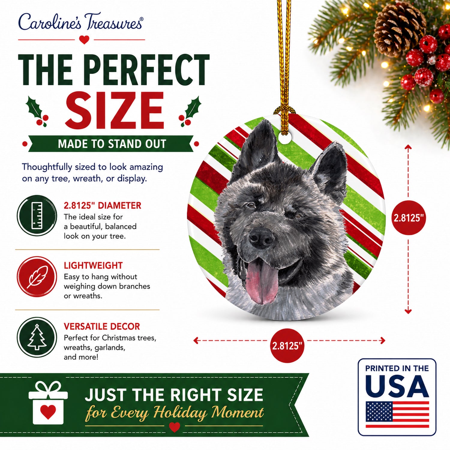 Akita Candy Cane Holiday Christmas Ceramic Ornament Christmas Tree Hanging Decorations for Home Christmas Holiday, Party, Gift, 3 in, Multicolor