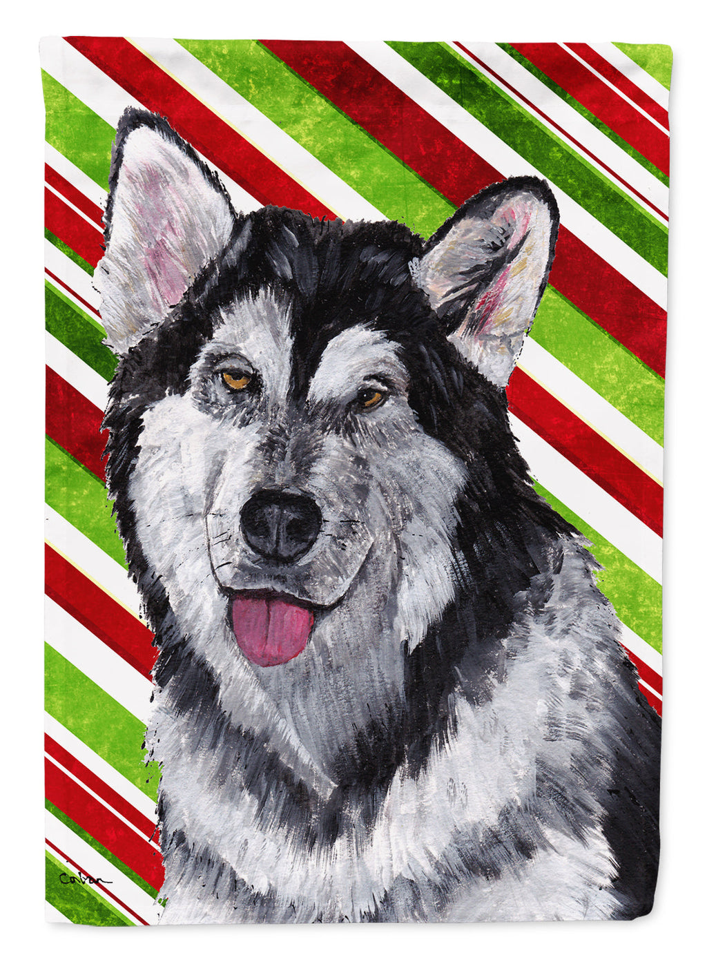 Alaskan Malamute Candy Cane Holiday Christmas House Flag 28x40 Porch Sleeve Pole Decorative Outside Yard Banner Artwork Wall Hanging, Polyester
