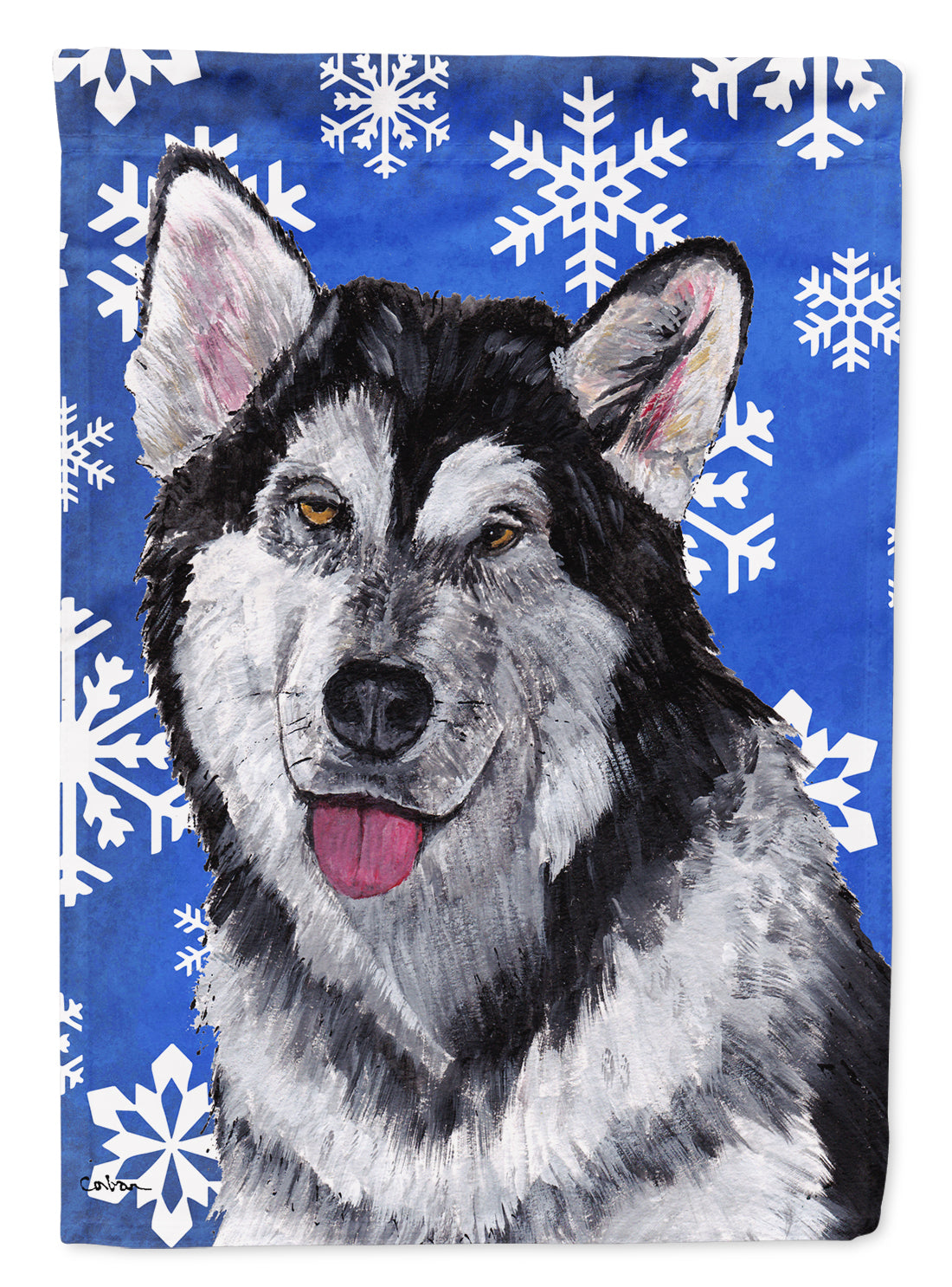 Alaskan Malamute Winter Snowflakes Holiday House Flag 28x40 Porch Sleeve Pole Decorative Outside Yard Banner Artwork Wall Hanging, Polyester