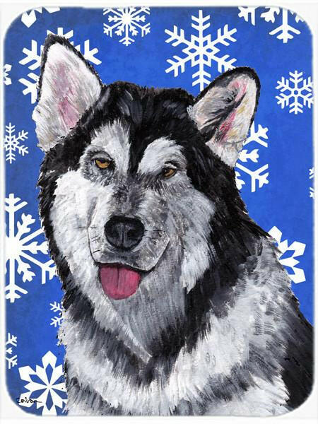 Alaskan Malamute Winter Snowflakes Holiday Cutting Board Tempered Glass Kitchen Cutting Surface, Heat Resistant Chopping, Non-Slip Feet, Food Prep & Serving