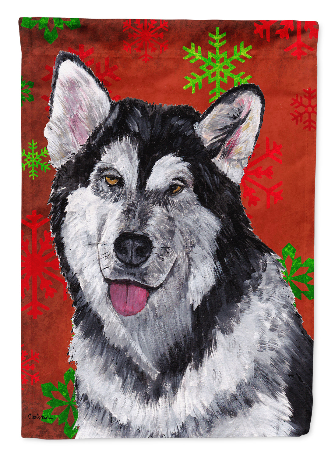 Alaskan Malamute Red Snowflakes Holiday Christmas  House Flag 28x40 Porch Sleeve Pole Decorative Outside Yard Banner Artwork Wall Hanging, Polyester