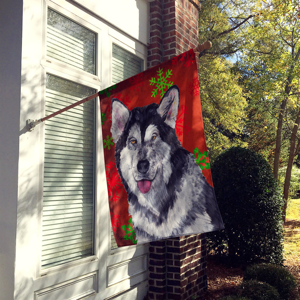 Alaskan Malamute Red Snowflakes Holiday Christmas  House Flag 28x40 Porch Sleeve Pole Decorative Outside Yard Banner Artwork Wall Hanging, Polyester