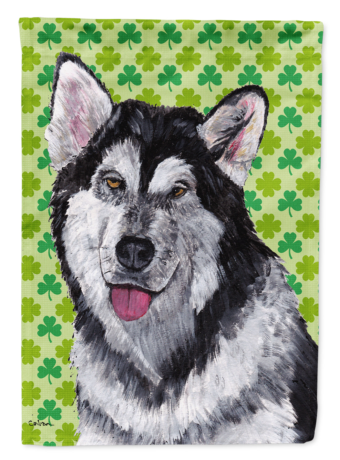 Alaskan Malamute St. Patrick's Day Shamrock House Flag 28x40 Porch Sleeve Pole Decorative Outside Yard Banner Artwork Wall Hanging, Polyester