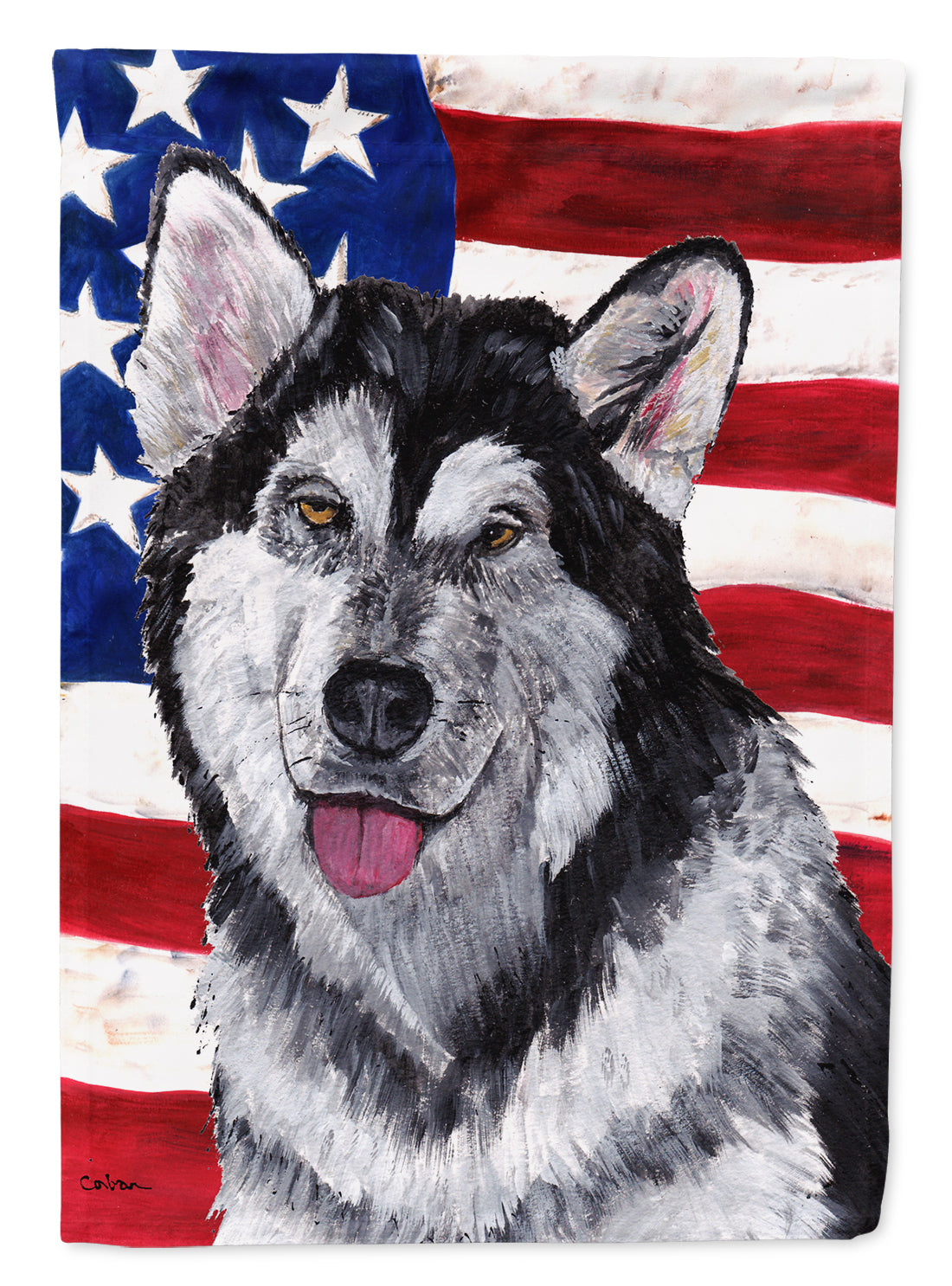 Alaskan Malamute USA Patriotic American Flag House Flag 28x40 Porch Sleeve Pole Decorative Outside Yard Banner Artwork Wall Hanging, Polyester