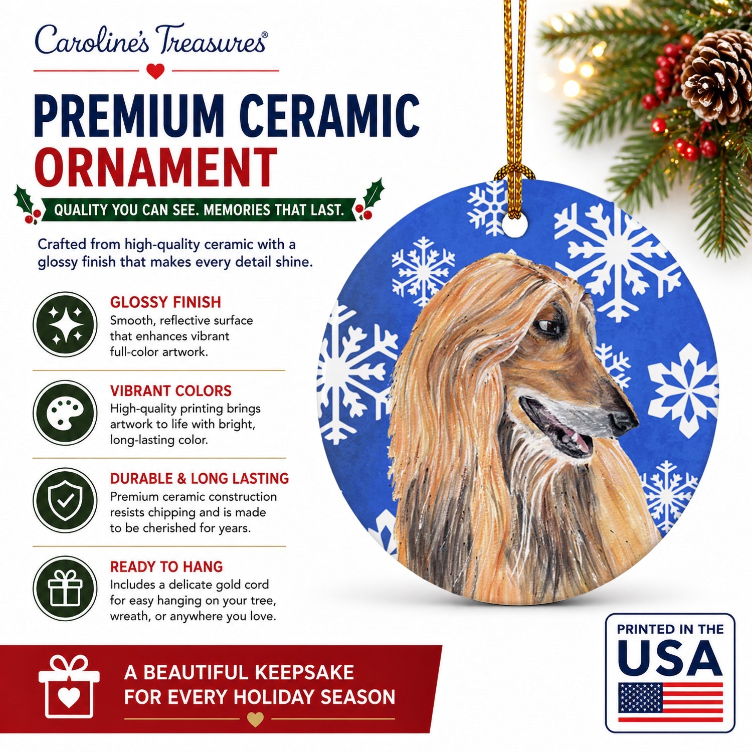 Afghan Hound Winter Snowflakes Holiday Ceramic Ornament Christmas Tree Hanging Decorations for Home Christmas Holiday, Party, Gift, 3 in, Multicolor