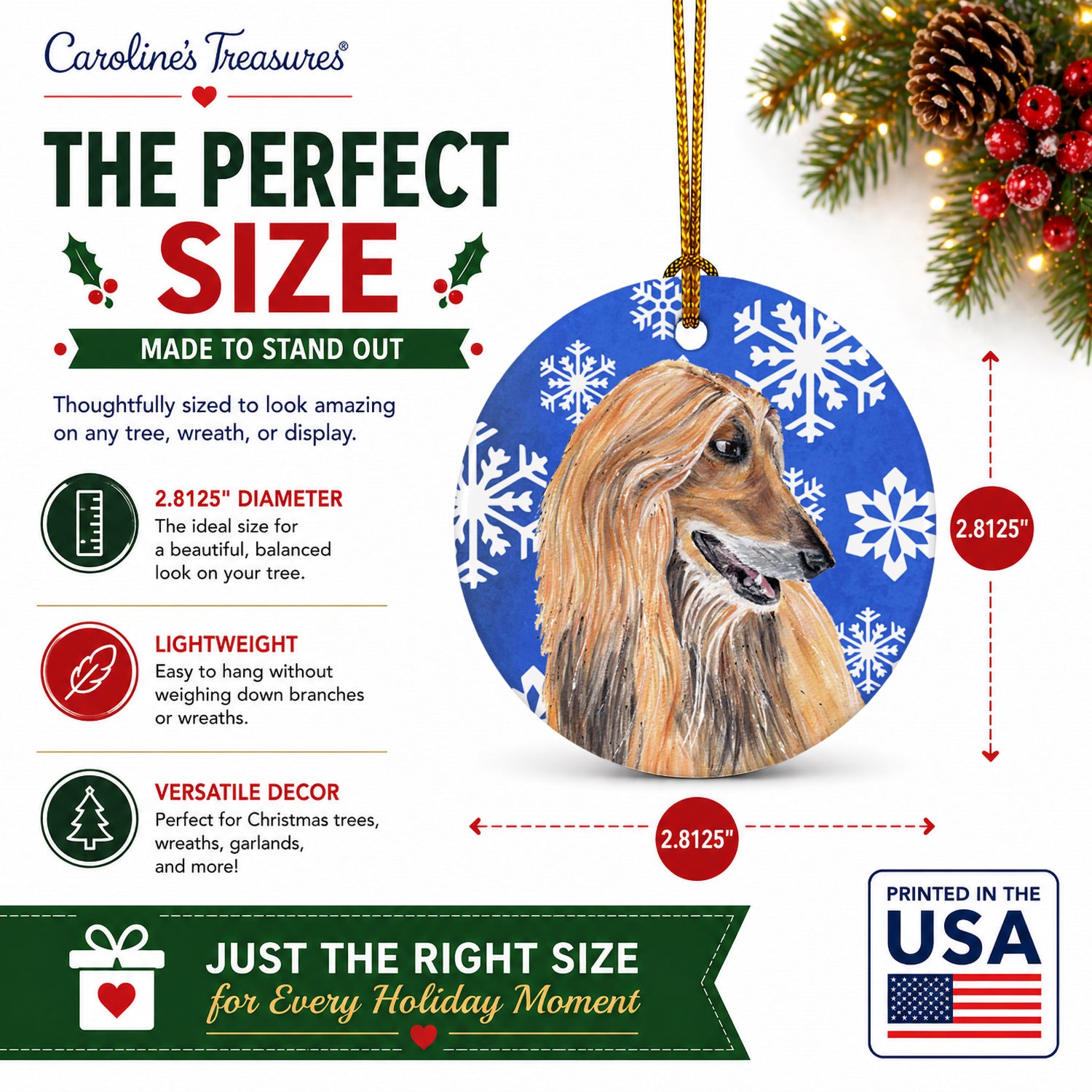 Afghan Hound Winter Snowflakes Holiday Ceramic Ornament Christmas Tree Hanging Decorations for Home Christmas Holiday, Party, Gift, 3 in, Multicolor