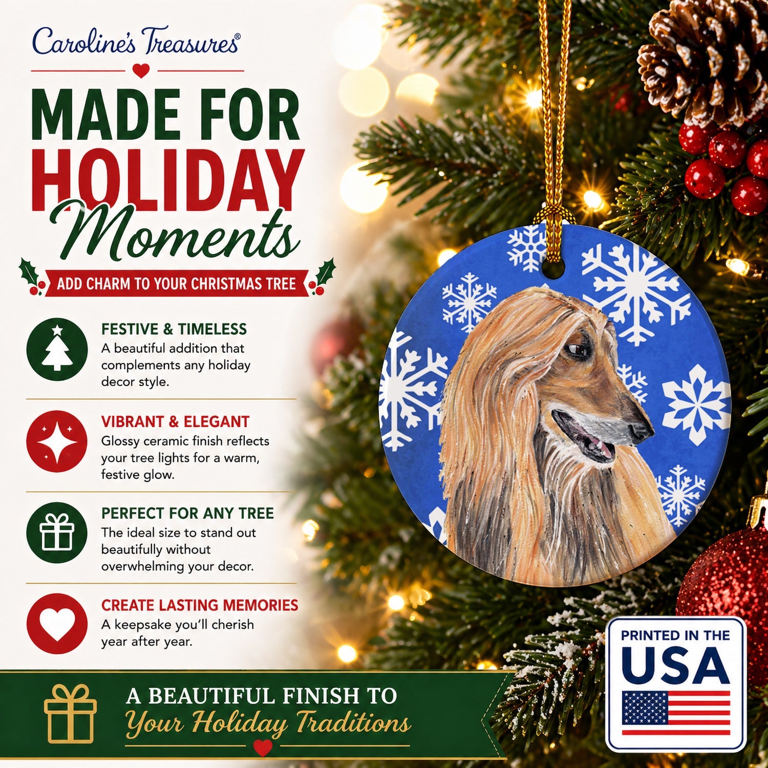 Afghan Hound Winter Snowflakes Holiday Ceramic Ornament Christmas Tree Hanging Decorations for Home Christmas Holiday, Party, Gift, 3 in, Multicolor