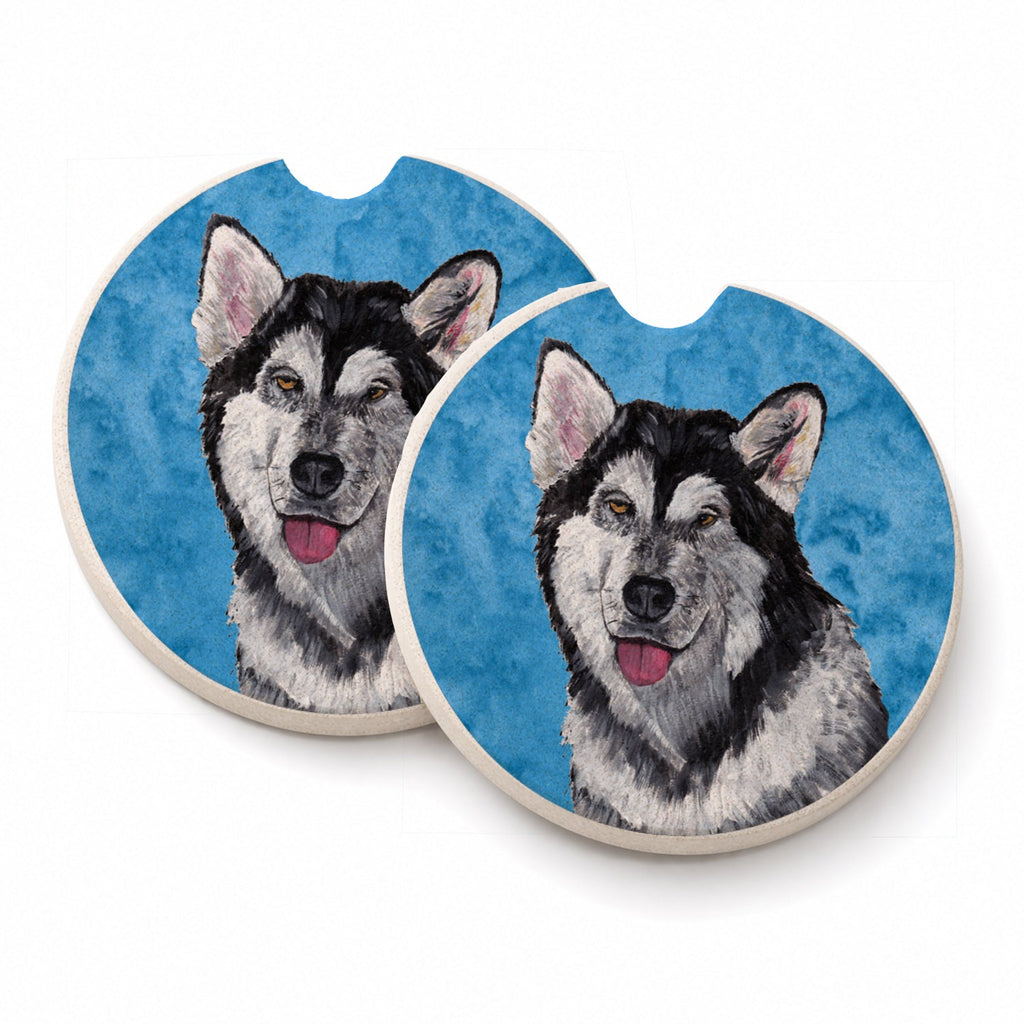 Blue Alaskan Malamute Set of 2 Cup Holder Car Coasters Absorbent Round Sandstone Coasters Gifts for Men or Women, 2.5, Multicolor