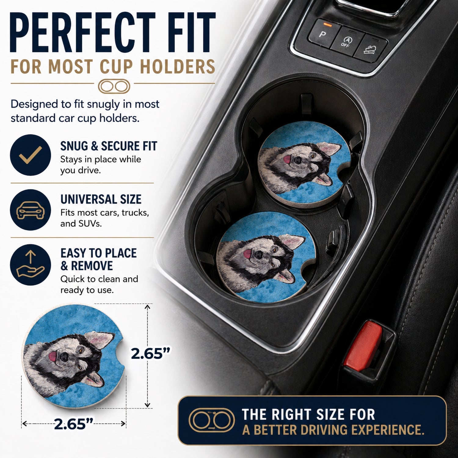 Blue Alaskan Malamute Set of 2 Cup Holder Car Coasters Absorbent Round Sandstone Coasters Gifts for Men or Women, 2.5, Multicolor