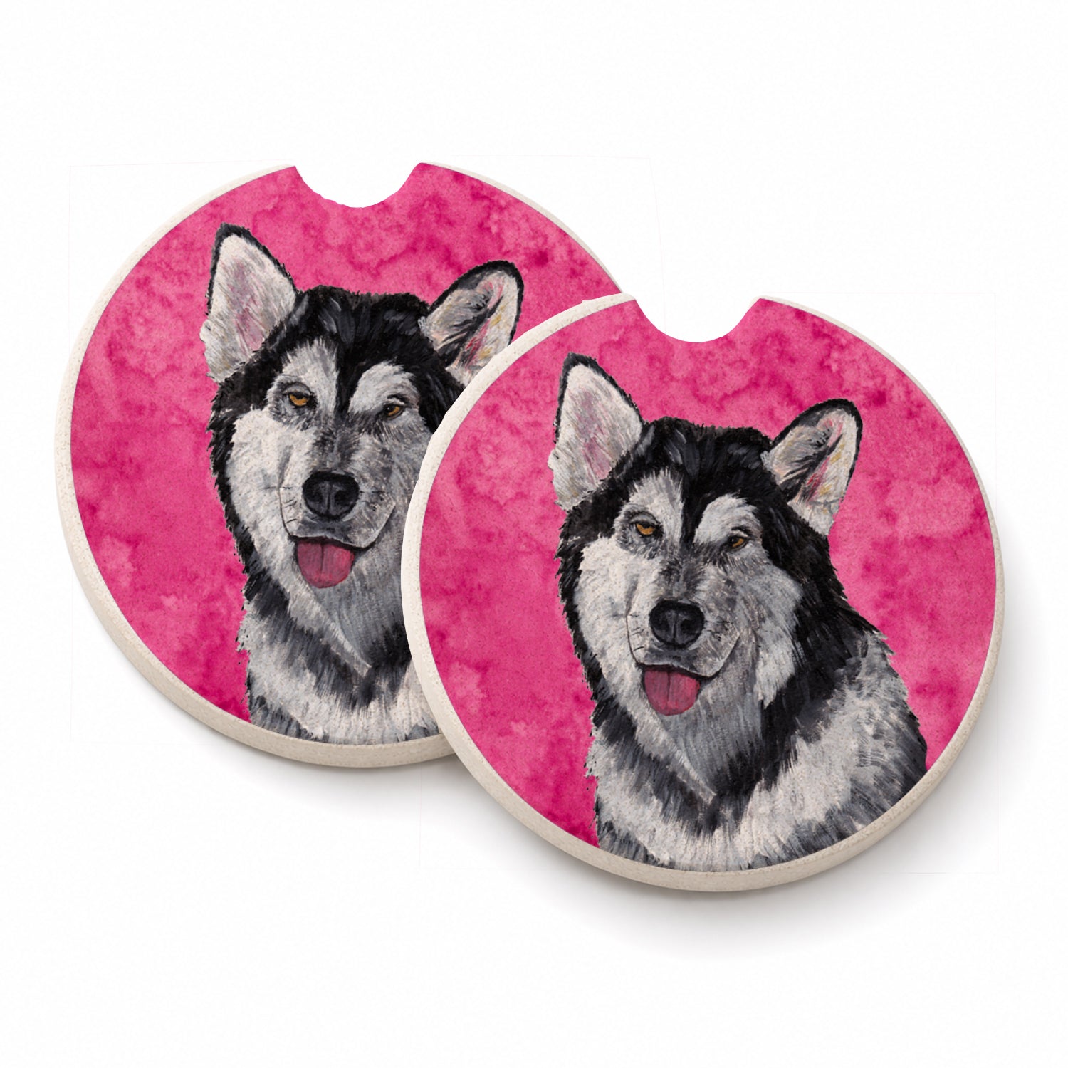 Pink Alaskan Malamute Set of 2 Cup Holder Car Coasters Absorbent Round Sandstone Coasters Gifts for Men or Women, 2.5, Multicolor