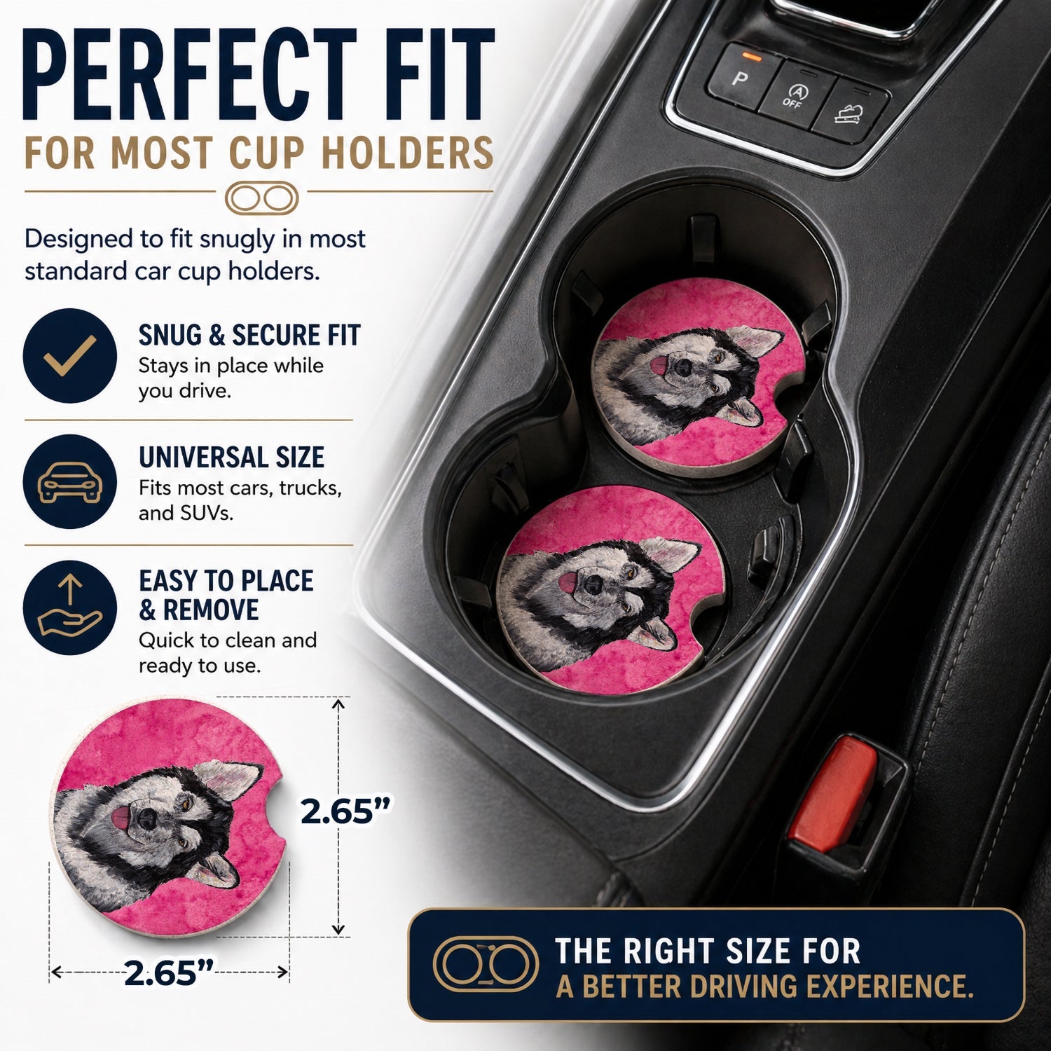 Pink Alaskan Malamute Set of 2 Cup Holder Car Coasters Absorbent Round Sandstone Coasters Gifts for Men or Women, 2.5, Multicolor
