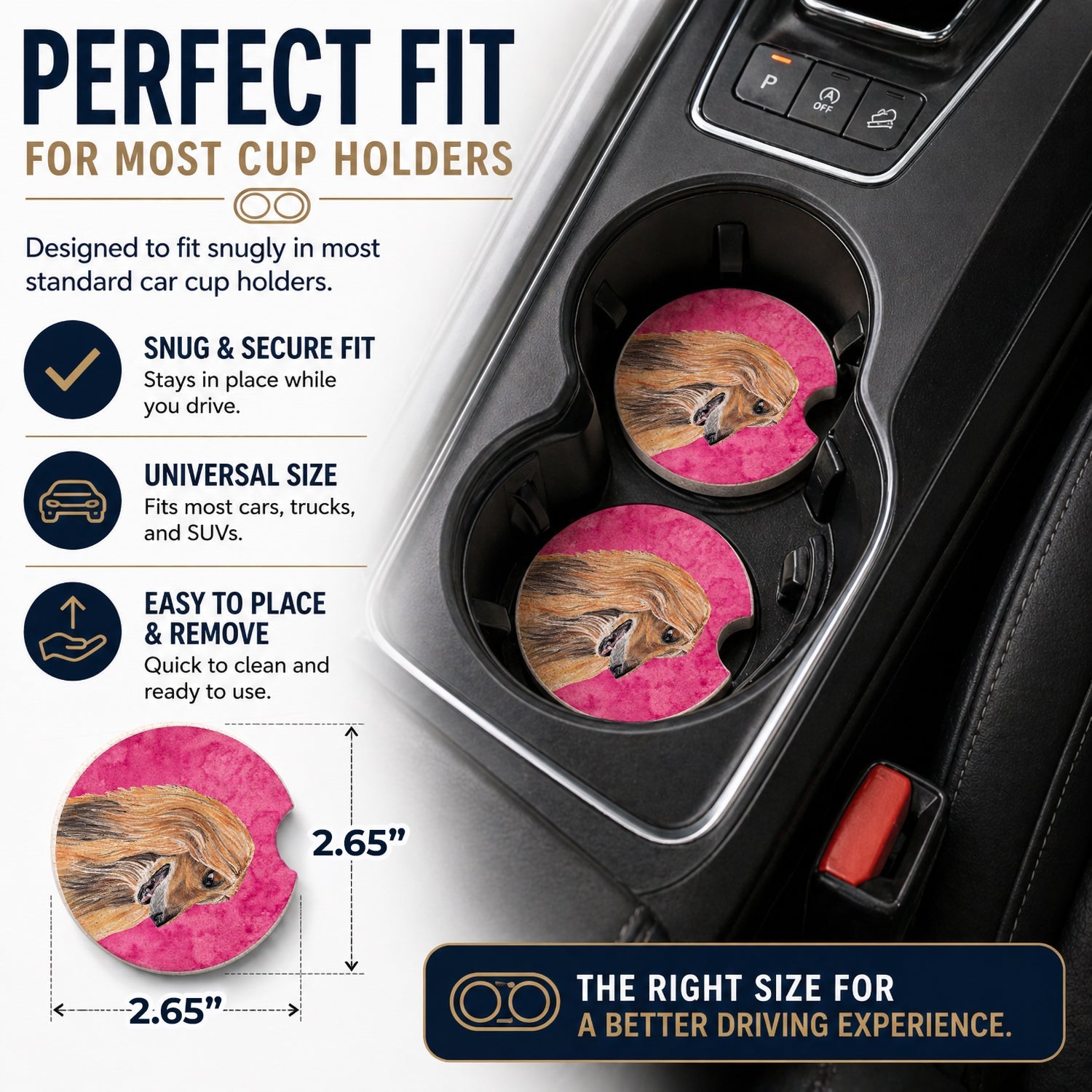 Pink Afghan Hound Set of 2 Cup Holder Car Coasters Absorbent Round Sandstone Coasters Gifts for Men or Women, 2.5, Multicolor
