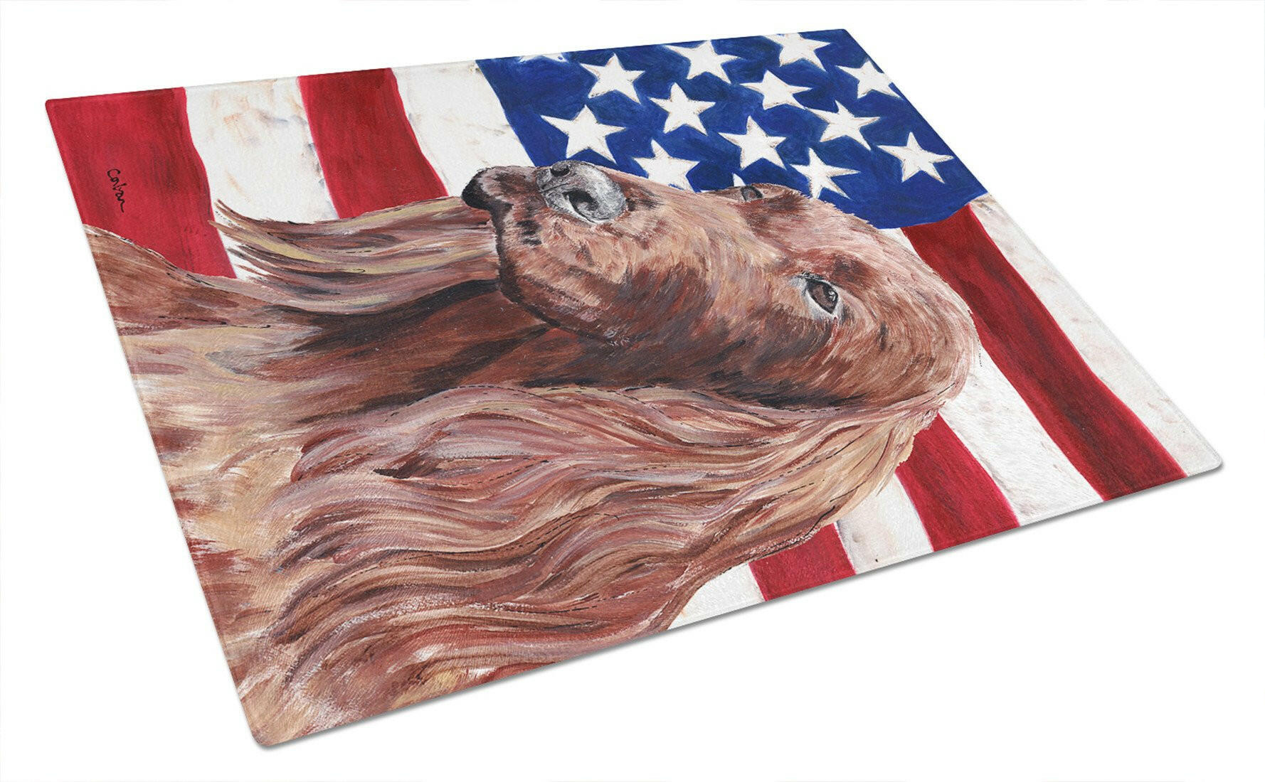 Irish Setter with American Flag Cutting Board Tempered Glass Kitchen Cutting Surface, Heat Resistant Chopping, Non-Slip Feet, Food Prep & Serving