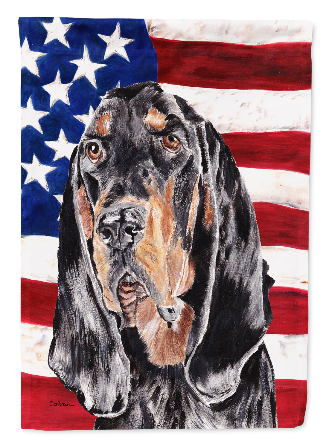 Black and Tan Coonhound with American Flag House Flag 28x40 Porch Sleeve Pole Decorative Outside Yard Banner Artwork Wall Hanging, Polyester