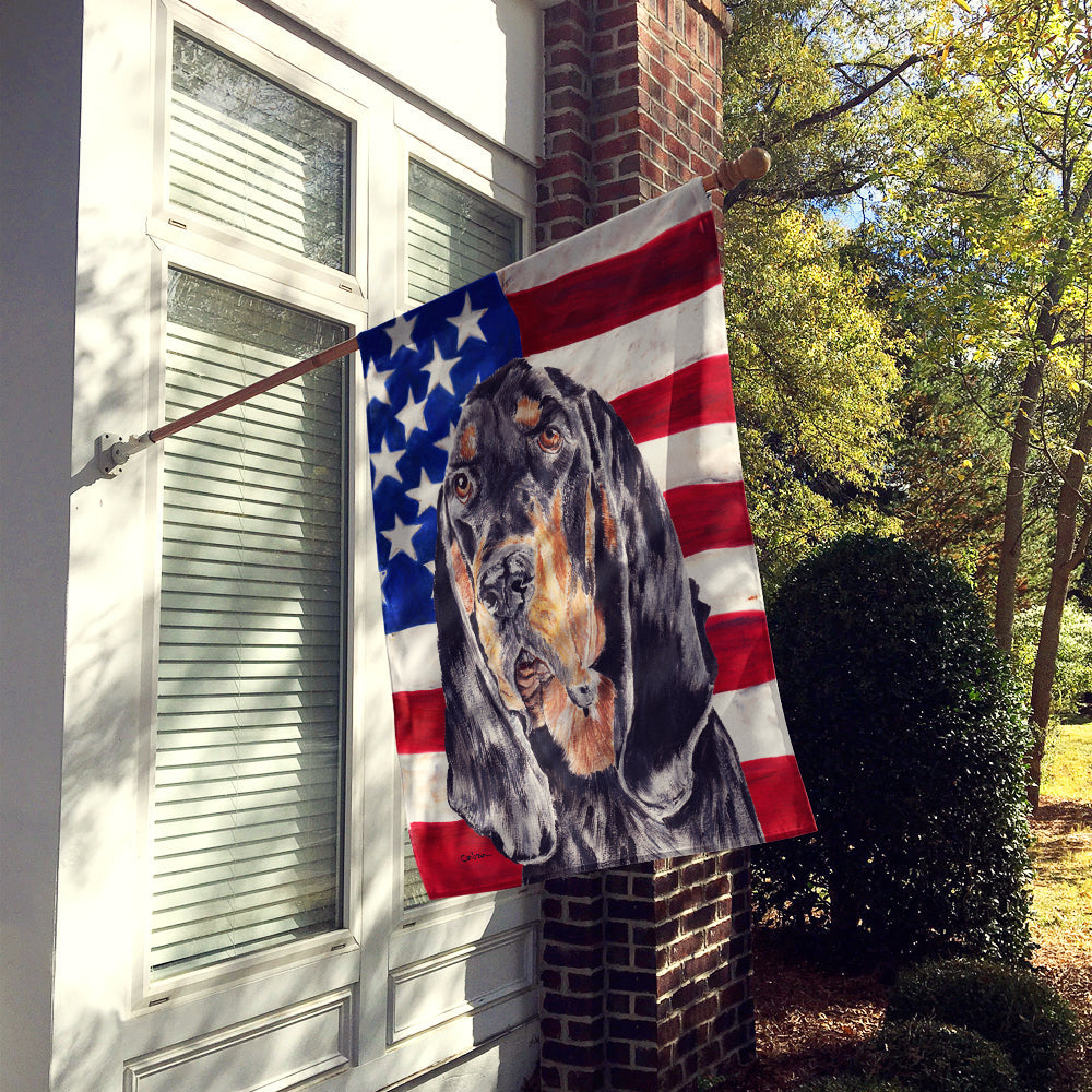 Black and Tan Coonhound with American Flag House Flag 28x40 Porch Sleeve Pole Decorative Outside Yard Banner Artwork Wall Hanging, Polyester