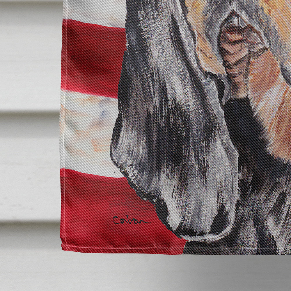 Black and Tan Coonhound with American Flag House Flag 28x40 Porch Sleeve Pole Decorative Outside Yard Banner Artwork Wall Hanging, Polyester