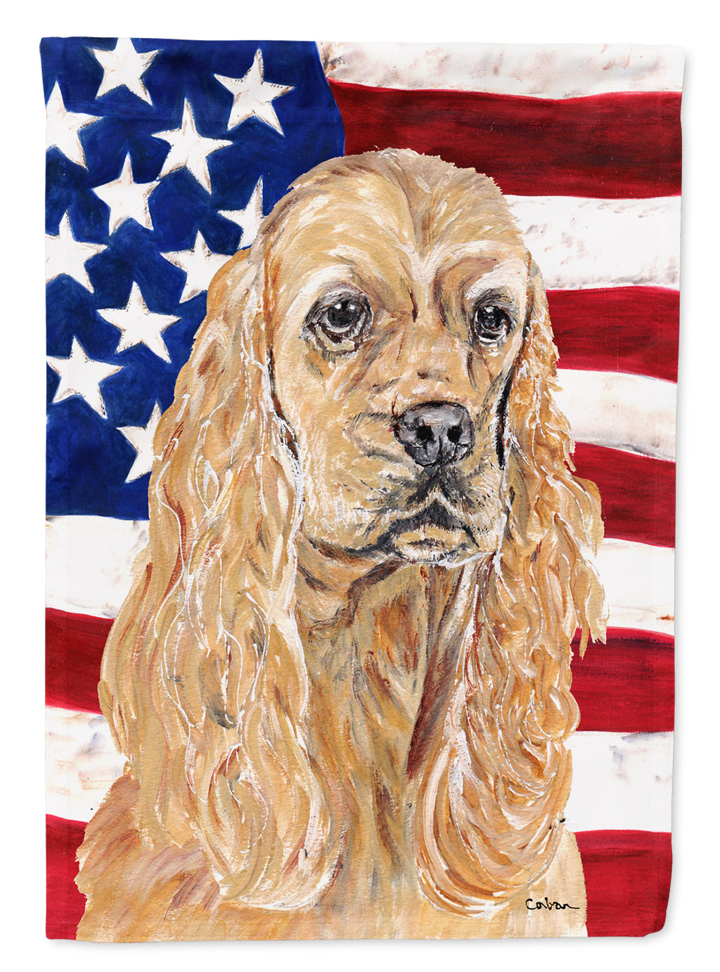 Buff Cocker Spaniel with American Flag House Flag 28x40 Porch Sleeve Pole Decorative Outside Yard Banner Artwork Wall Hanging, Polyester