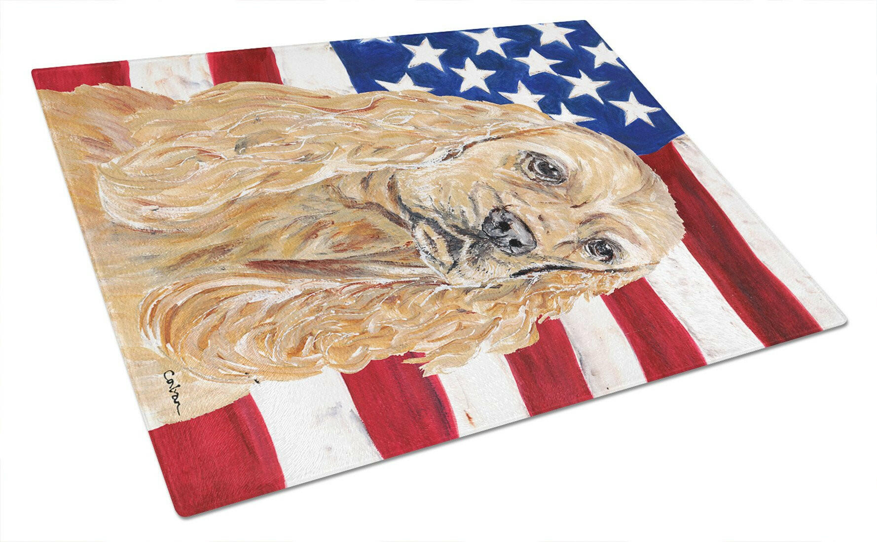 Buff Cocker Spaniel with American Flag Cutting Board Tempered Glass Kitchen Cutting Surface, Heat Resistant Chopping, Non-Slip Feet, Food Prep & Serving