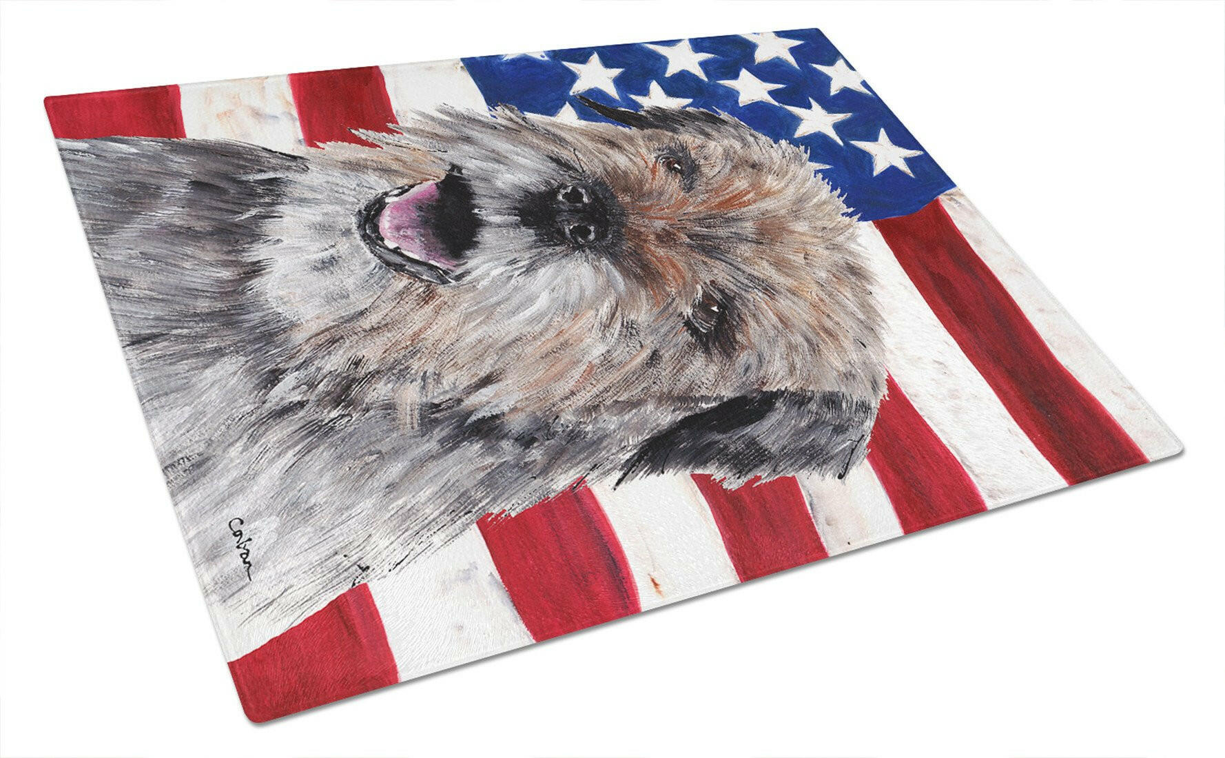 Border Terrier with American Flag Cutting Board Tempered Glass Kitchen Cutting Surface, Heat Resistant Chopping, Non-Slip Feet, Food Prep & Serving