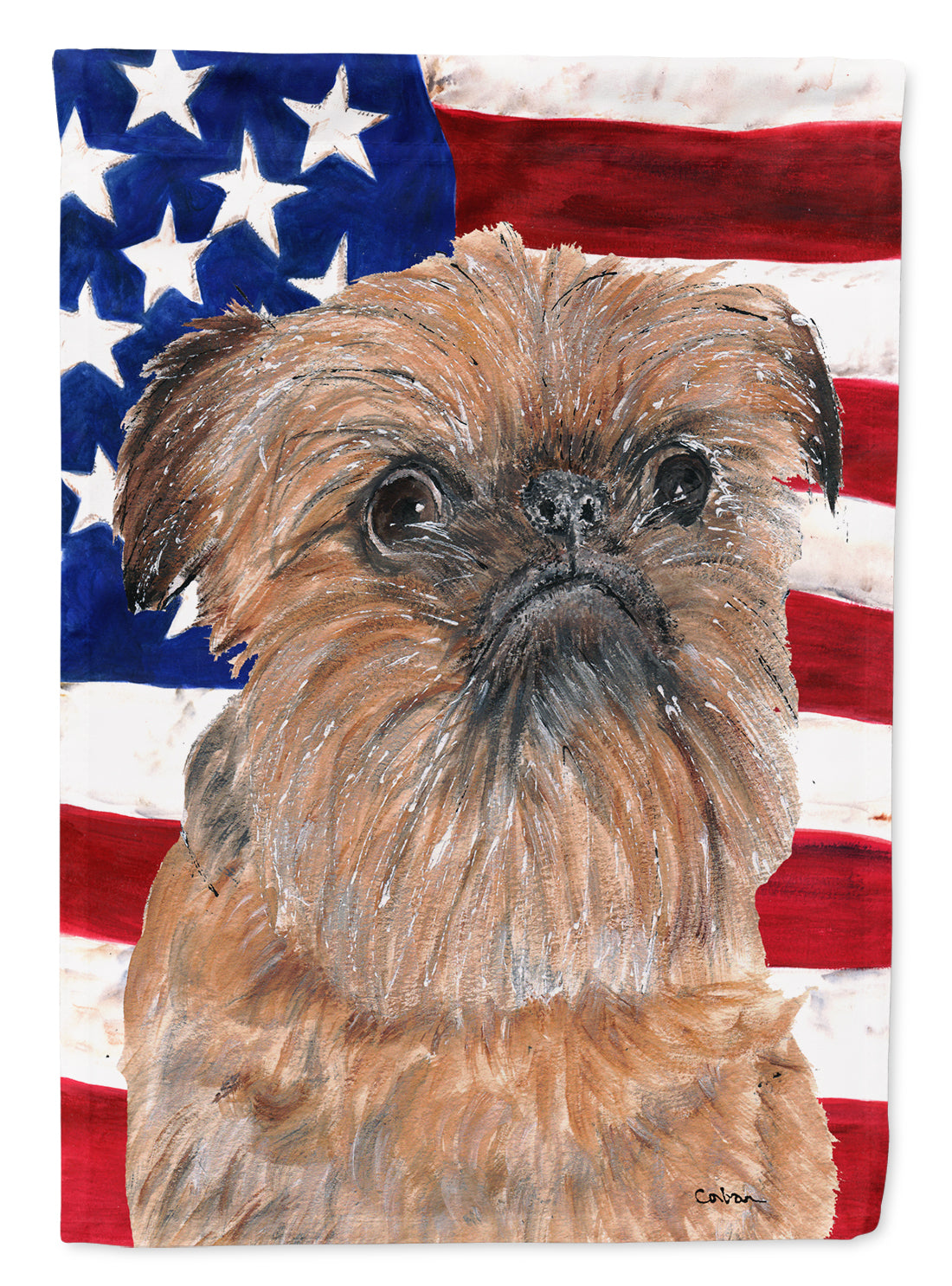 Brussels Griffon with American Flag House Flag 28x40 Porch Sleeve Pole Decorative Outside Yard Banner Artwork Wall Hanging, Polyester